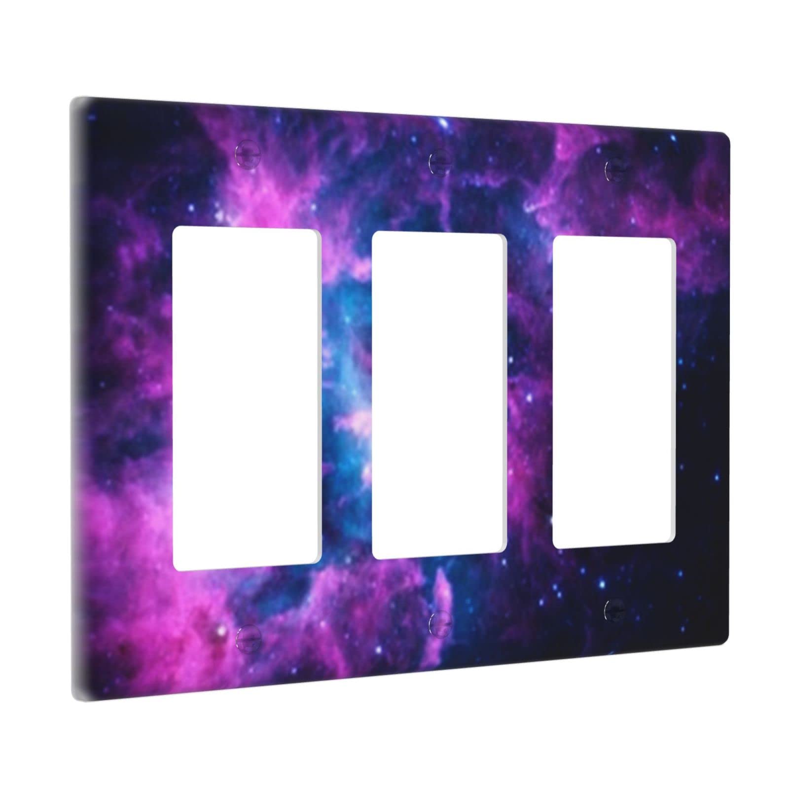 Purple Galaxy Triple Rocker Light Switch Cover - Decorative 3 Gang Wall Plate Outlet Receptacle for Girls Bedroom & Kids Room Decor - Durable Switch Plate for Home, Nursery, Playroom, and Dormitory Lighting