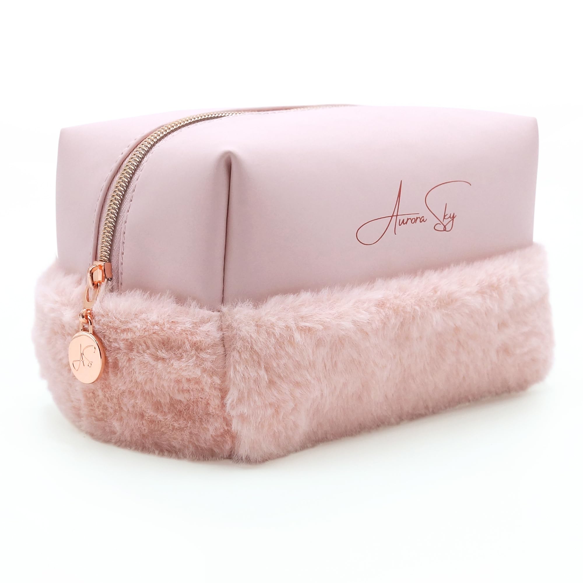 Aurora Sky Fluffy Bottom Makeup Bag Organizer - Waterproof Vegan Leather Cosmetic Pouch for Women & Girls - Medium Size Travel Toiletry Case - Perfect for Daily Use, Travel, and Gift Giving (Pink)