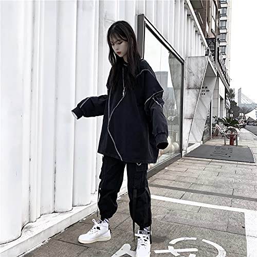 Gothic Long Sleeve Sweatshirt for Women - Oversized Loose Fit Dark Black Pullover Top for Spring and Autumn | Casual Streetwear, Layering Essential, Gothic Fashion Outfits