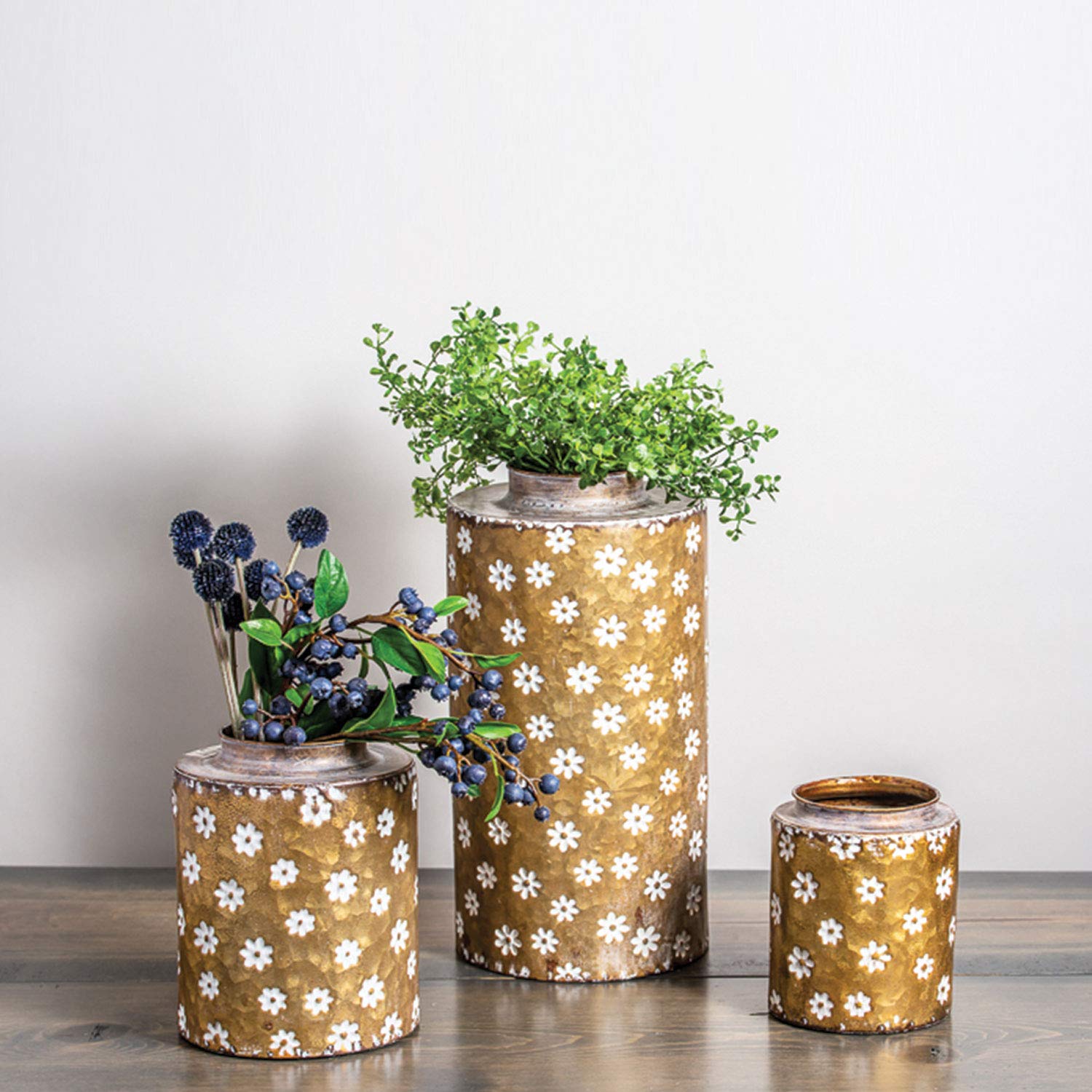 Rustic Whitewashed Floral Galvanized Metal Decorative Vase - Medium Brass Farmhouse Style Home Decor for Living Room, Bedroom, or Wedding Centerpiece