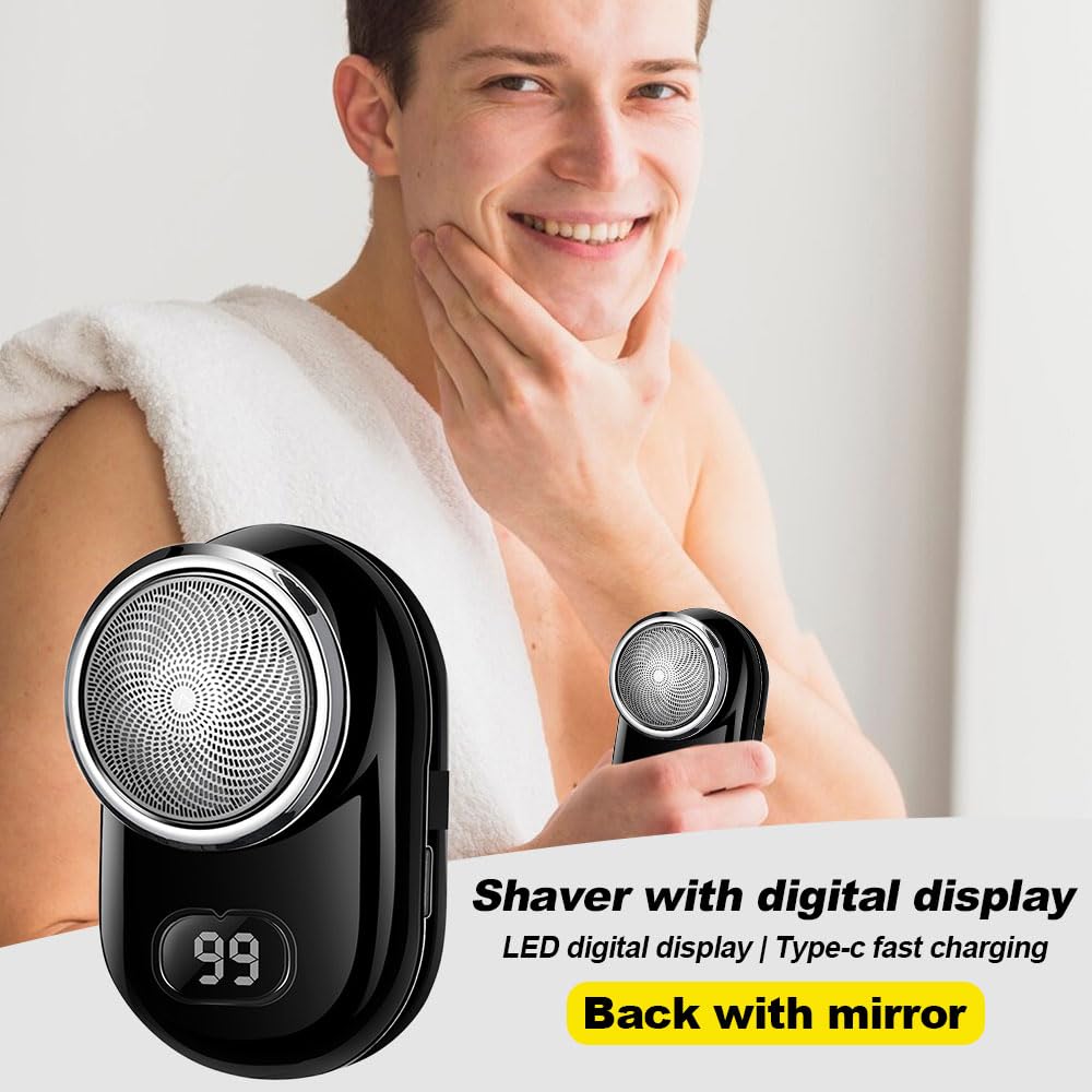 2024 New Mini Electric Shaver for Men - Fast Charging, Digital Display, USB Rechargeable, Waterproof Beard Trimmer with Mirror - Portable Travel & Gym Shaver (Blue) - Perfect for Home, Office & On-the-Go Grooming