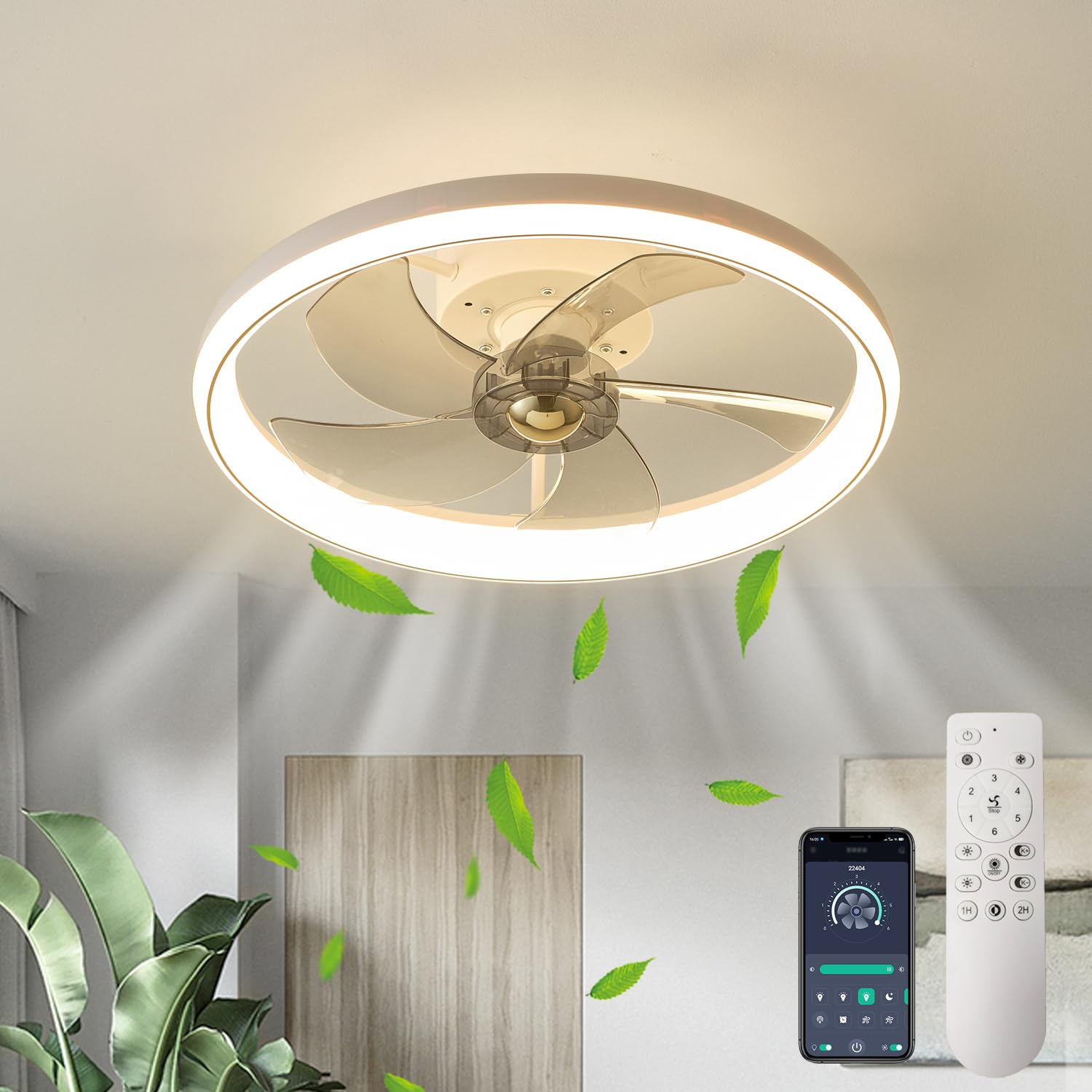 LMiSQ 50cm Modern Smart Ceiling Fan with Lights - Reversible Blades, Remote Control, Dimmable LED Light, Flush Mount - Perfect for Bedroom, Living Room & Home Office - Energy Efficient Cooling & Stylish Lighting Solution