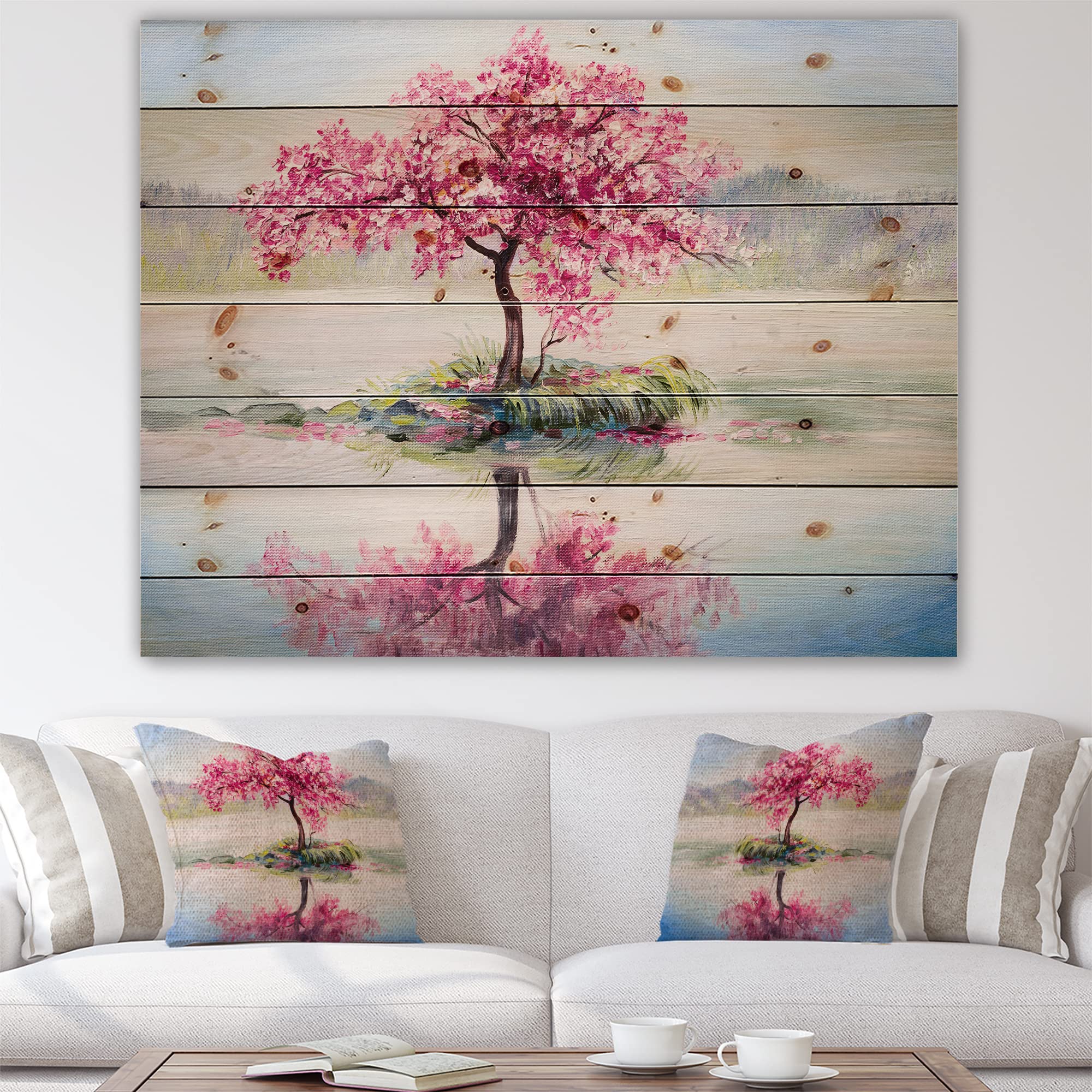 Japanese Cherry Blossom Wall Art - Pink Floral Wood Panel Decor for Farmhouse & Bedroom