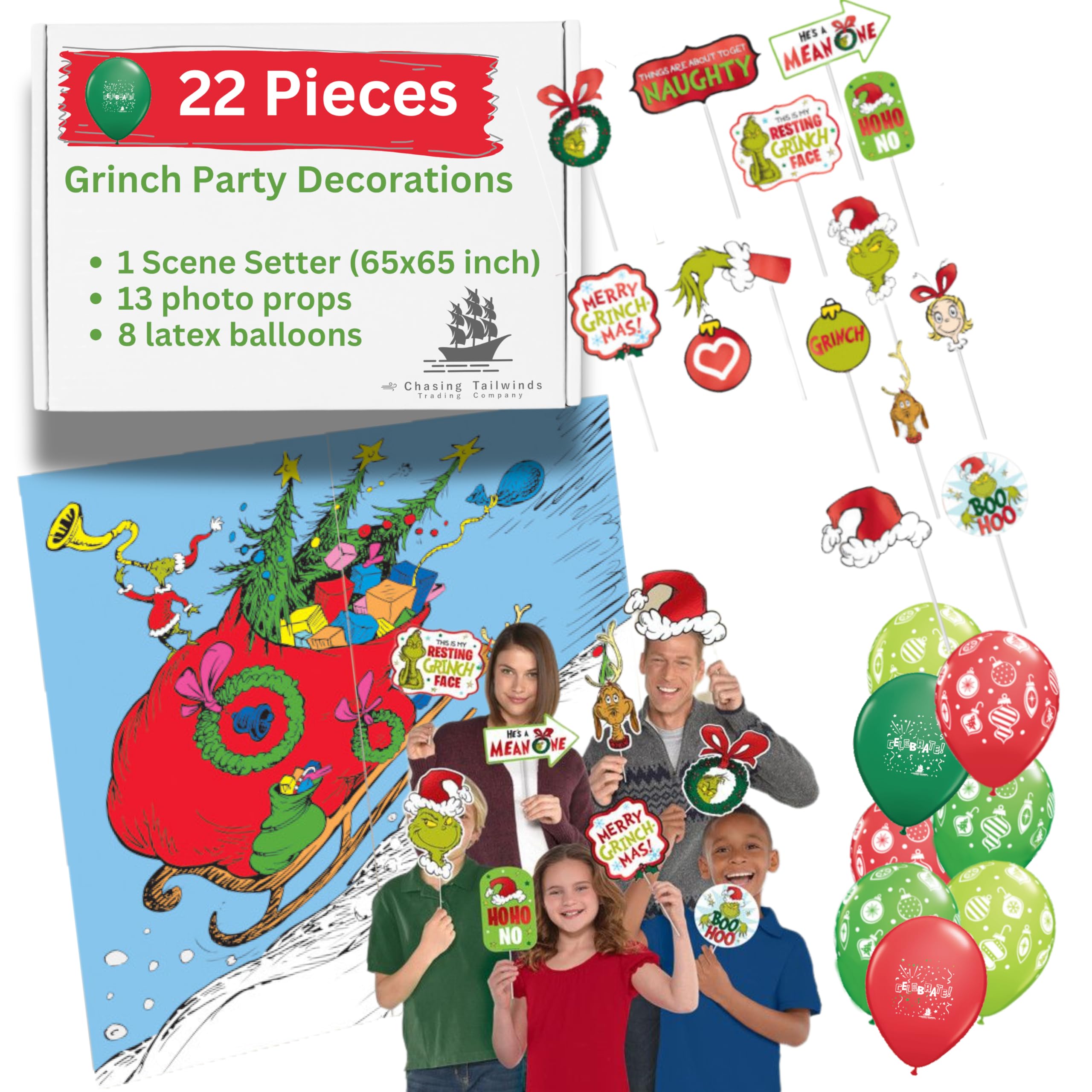 Grinch Party Decorations Set - Backdrop, Props & Balloons for Christmas Party Decor
