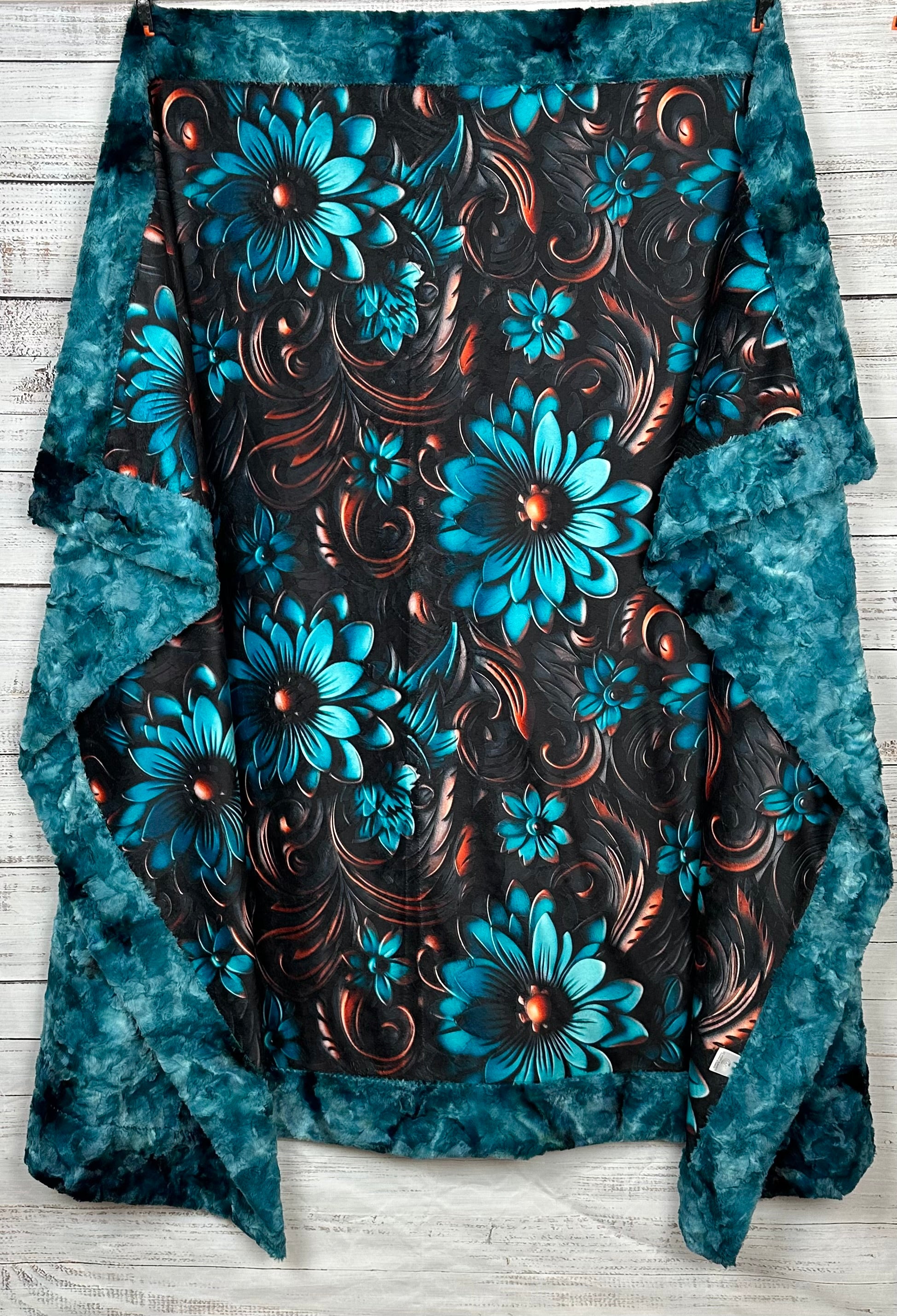 Hand-Tooled Leather Turquoise Floral Design Luxury Minky Blanket 55x79 Inches - Soft Large Throw Blanket for Bed, Sofa & Home Decor