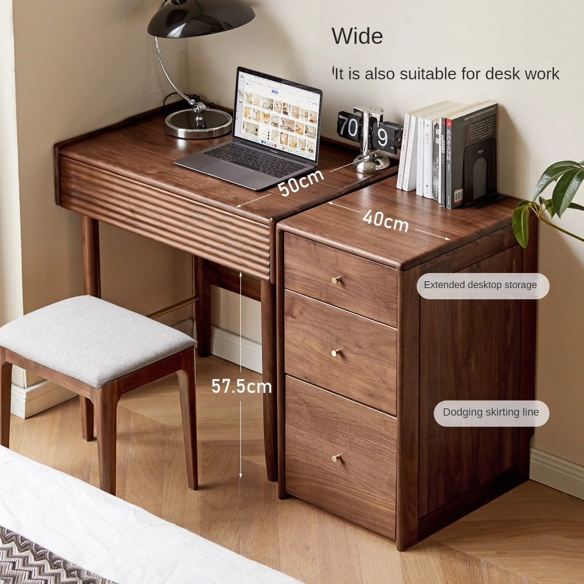 Premium Black Walnut Solid Wood Dressing Table Set with Mirror - Elegant Vanity Desk for Bedroom, Makeup & Beauty Organization