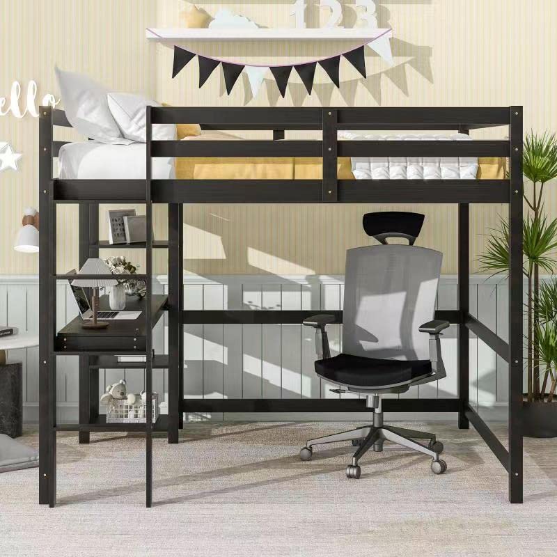 Harper & Bright Designs Full Size Wood Loft Bed with Built-in Desk for Kids & Teens - Space-Saving Study Bed for Boys & Girls in Espresso Finish - Perfect for Small Bedrooms, Dorm Rooms & Home Offices