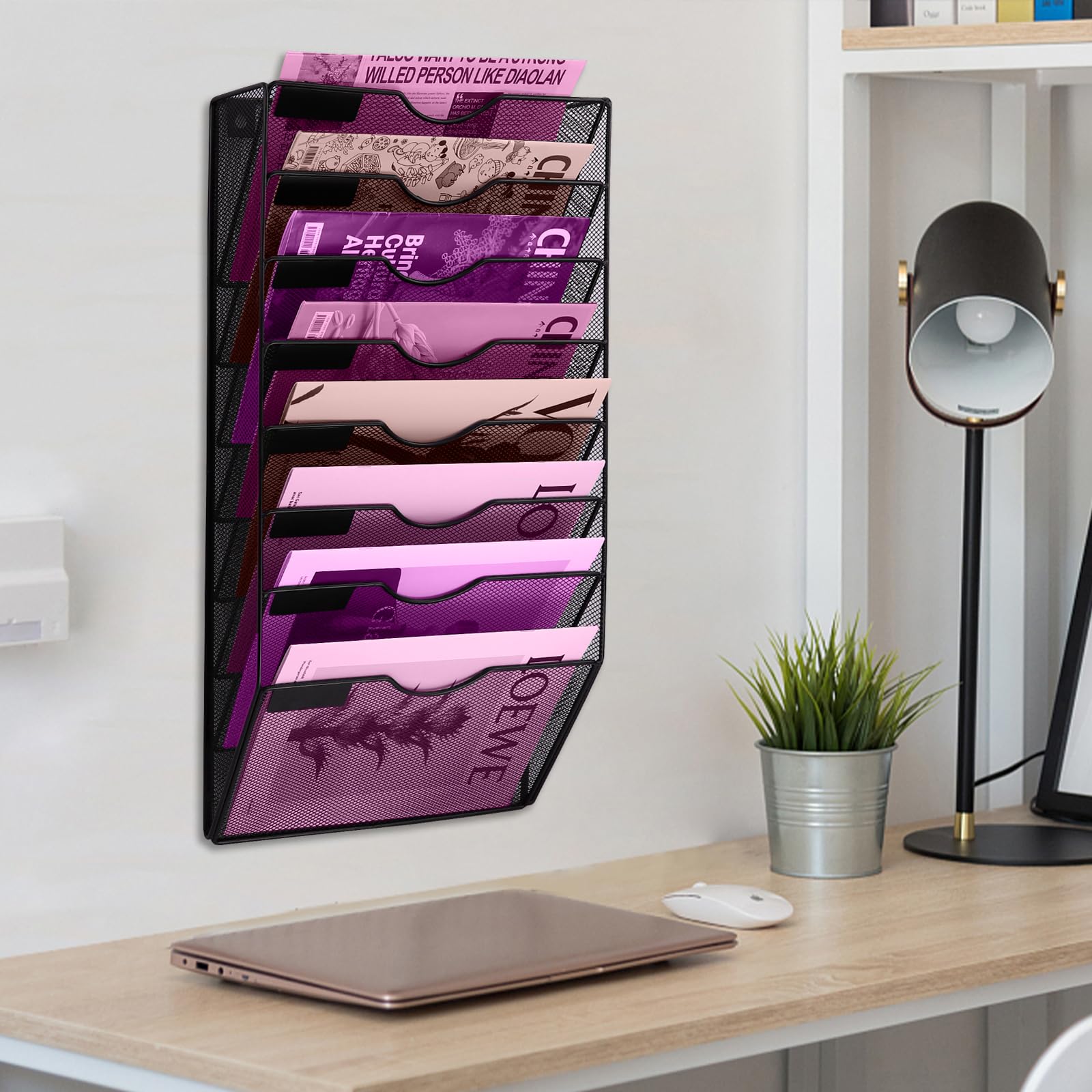 8-Pocket Mesh Wall File Organizer - Hanging File Folder & Magazine Rack with Nametag Hooks - Office & Home Storage Solution (Black) | Perfect for Wall-Mounted Document Organization in Offices, Classrooms & Home Offices