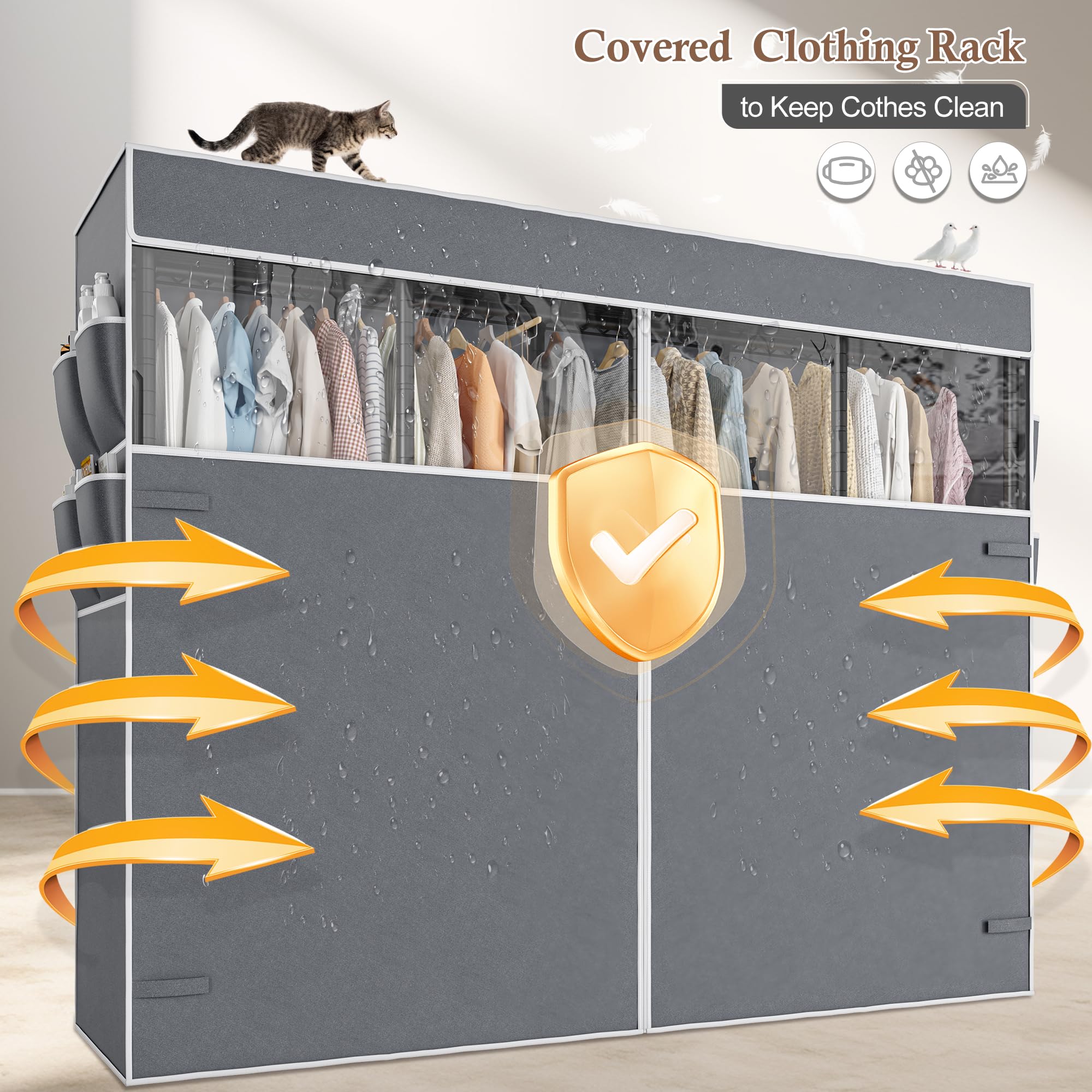 Raybee Heavy Duty Metal Clothes Rack with Cover - Adjustable Garment Rack for Hanging Clothes, 1100 LBS Capacity Wardrobe Closet (17.7
