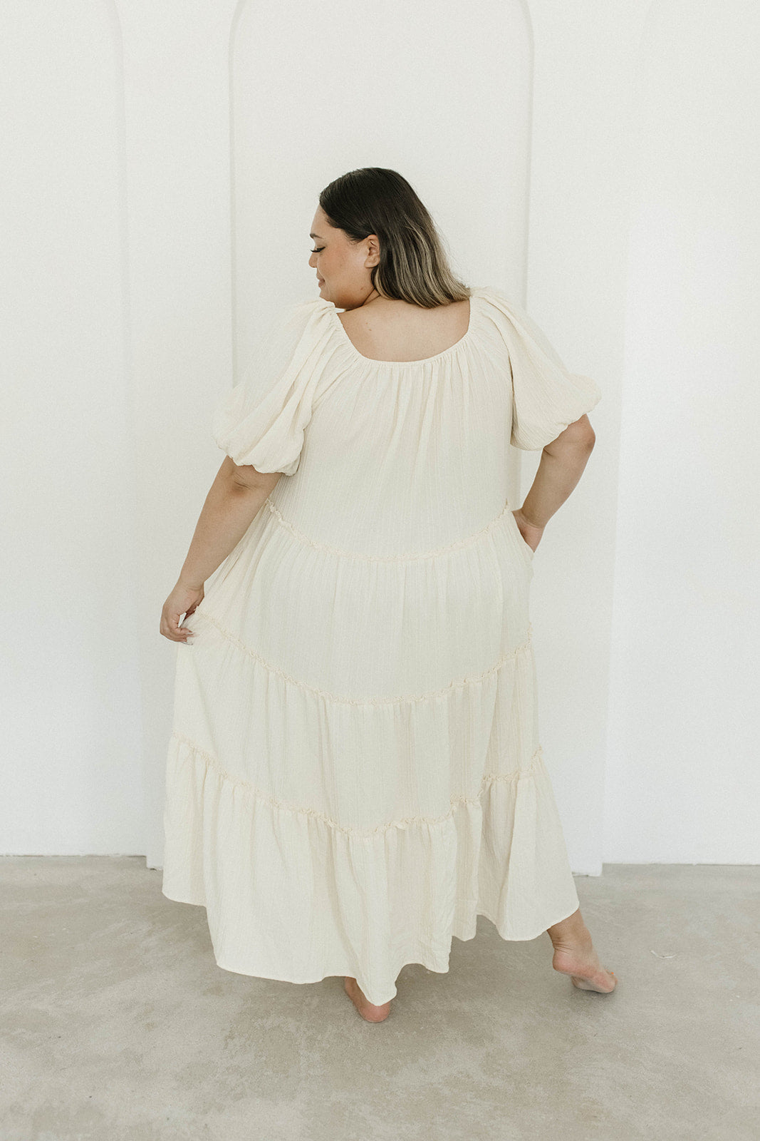 Eva Puffed Sleeve Maxi Dress in Cream - Bump Friendly Maternity Dress & Inclusive Sizing (S-3XL) for Weddings, Baby Showers & Summer Vacations