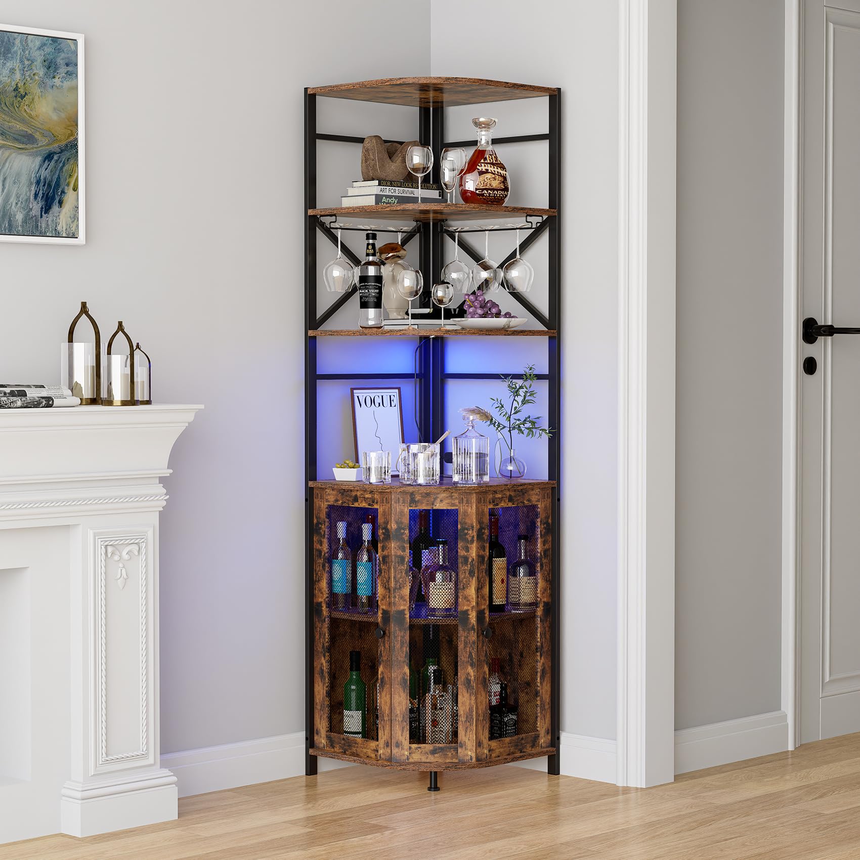 Industrial 6-Tier Wine Bar Cabinet with LED Lights, Power Outlet & Adjustable Glass Shelves - Corner Liquor Storage Cabinet for Home Bar, Dining Room or Christmas Gift