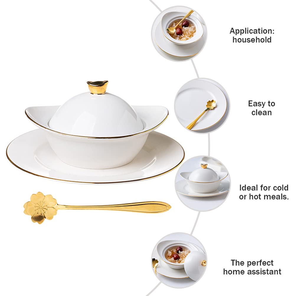 DOITOOL Ceramic Soup Bowl with Lid - 16oz Porridge, Noodle, Dessert Bowl - Microwave & Oven Safe - Includes Sauce Spoon - Perfect for Home, Kitchen & Restaurant Use - Great for Steaming Eggs, Serving Soup & Oats