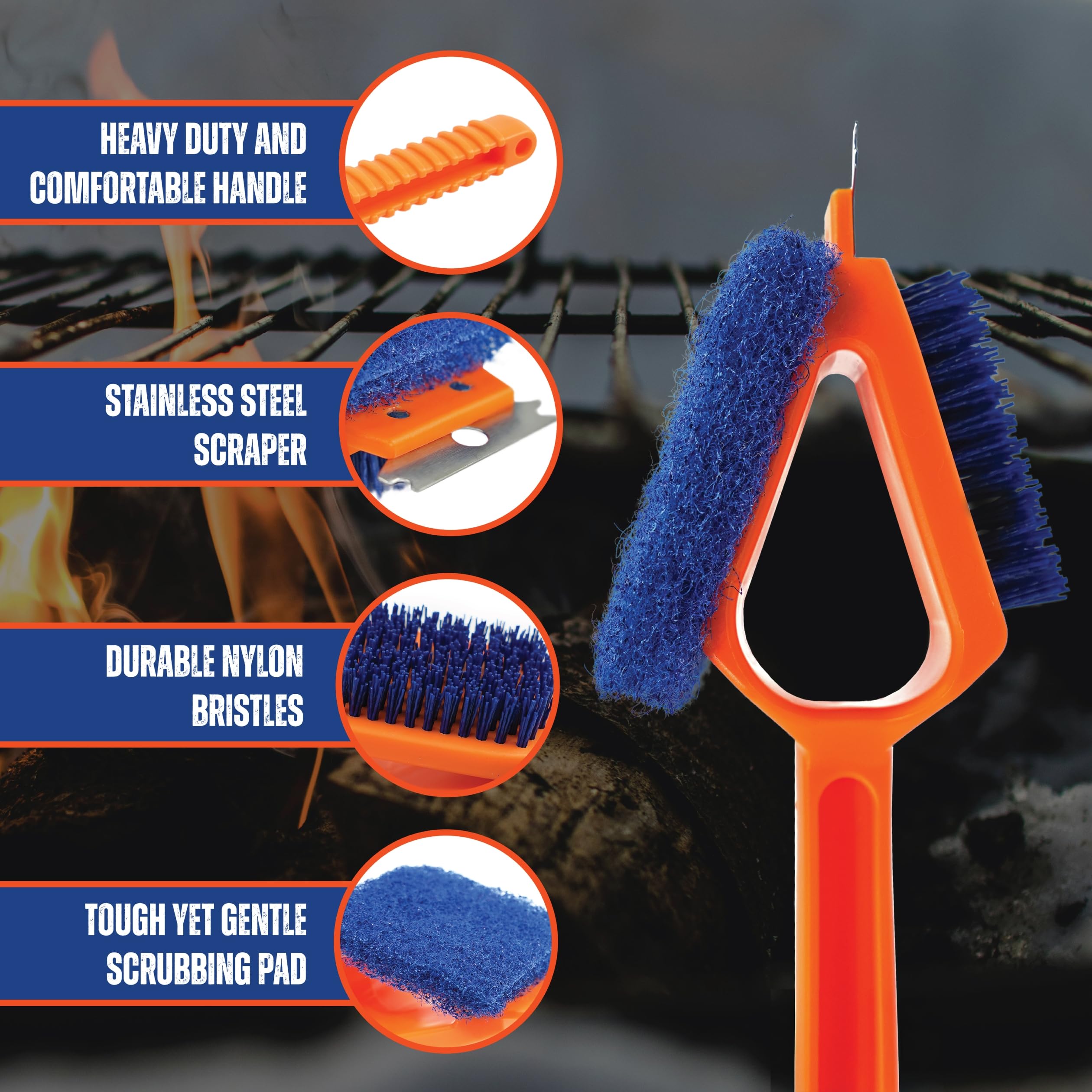 **CitruSafe 3-in-1 Nylon Grill Brush with Scraper & Scrubber – Non-Metal Bristles – Safe BBQ Grill Cleaner for Outdoor Grilling – Made in USA – Perfect for Backyard BBQs, Camping & Picnics**