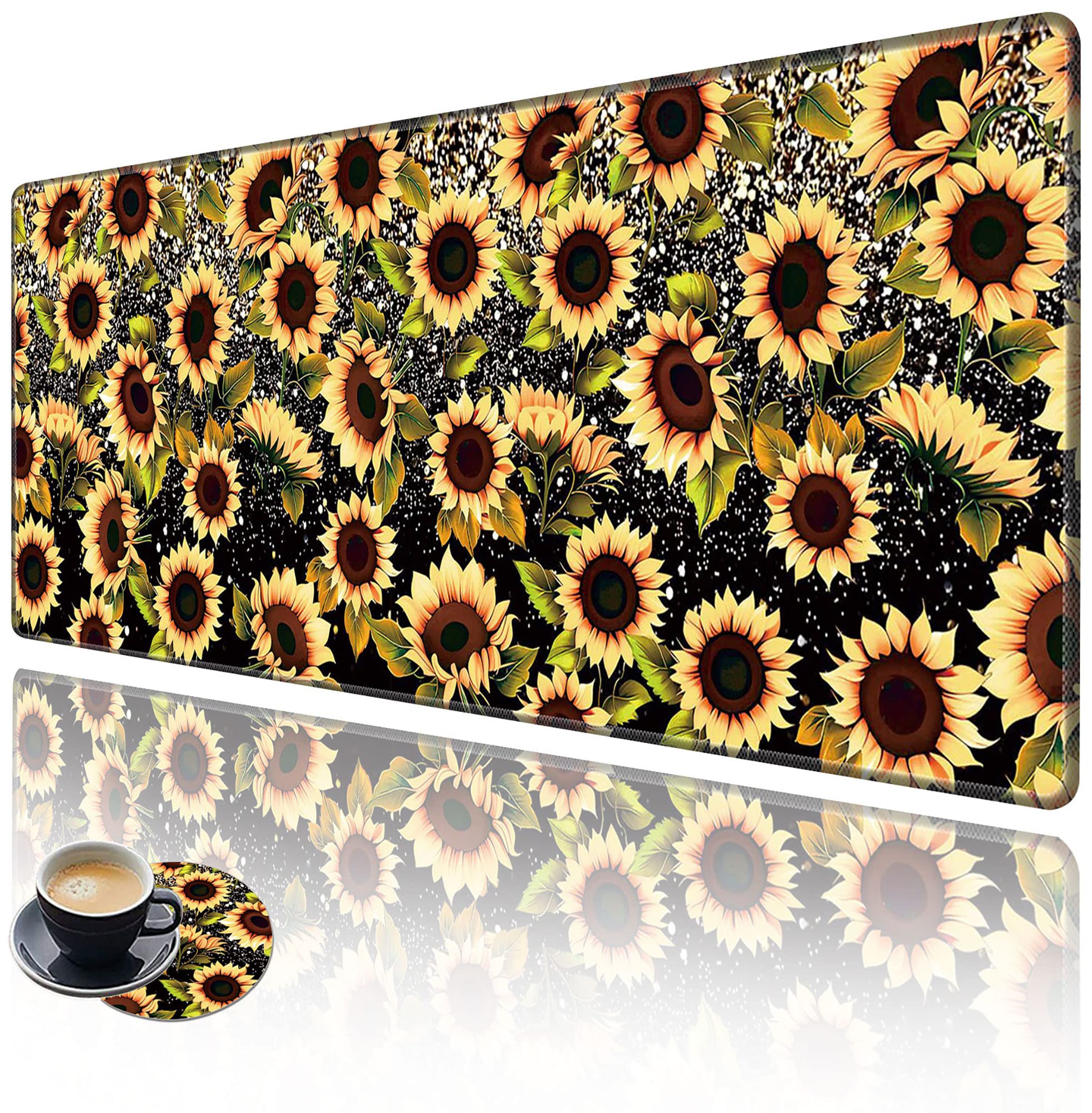 XXL Gaming Mouse Pad with Stitched Edges - 31.5x11.8 Inch Large Extended Mouse Mat, Non-Slip Base Desk Mat for Keyboard & Mouse, Vibrant Sunflower Design - Perfect for Gaming, Office & Home Workspace
