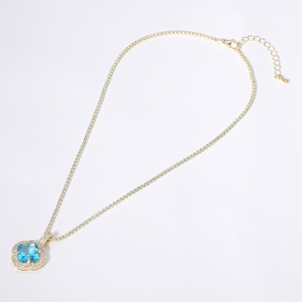 14K Gold Plated Quatrefoil Cubic Zirconia Blue Pendant Necklace for Women - Elegant Jewelry Gift for Birthday, Anniversary & Special Occasions