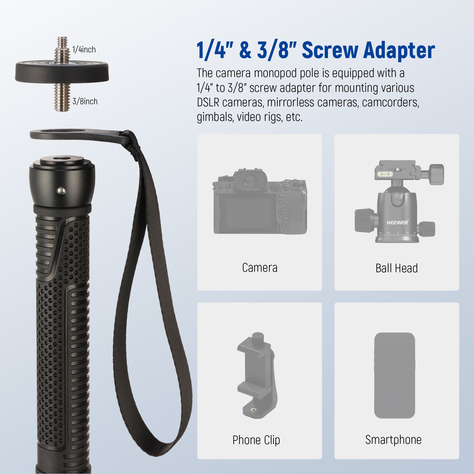 NEEWER TP42 66.5 Inch Aluminum Camera Monopod Stand with Quick Release Plate - Lightweight Tripod for DSLR, Mirrorless Cameras - Perfect for Travel, Vlogging & Outdoor Photography