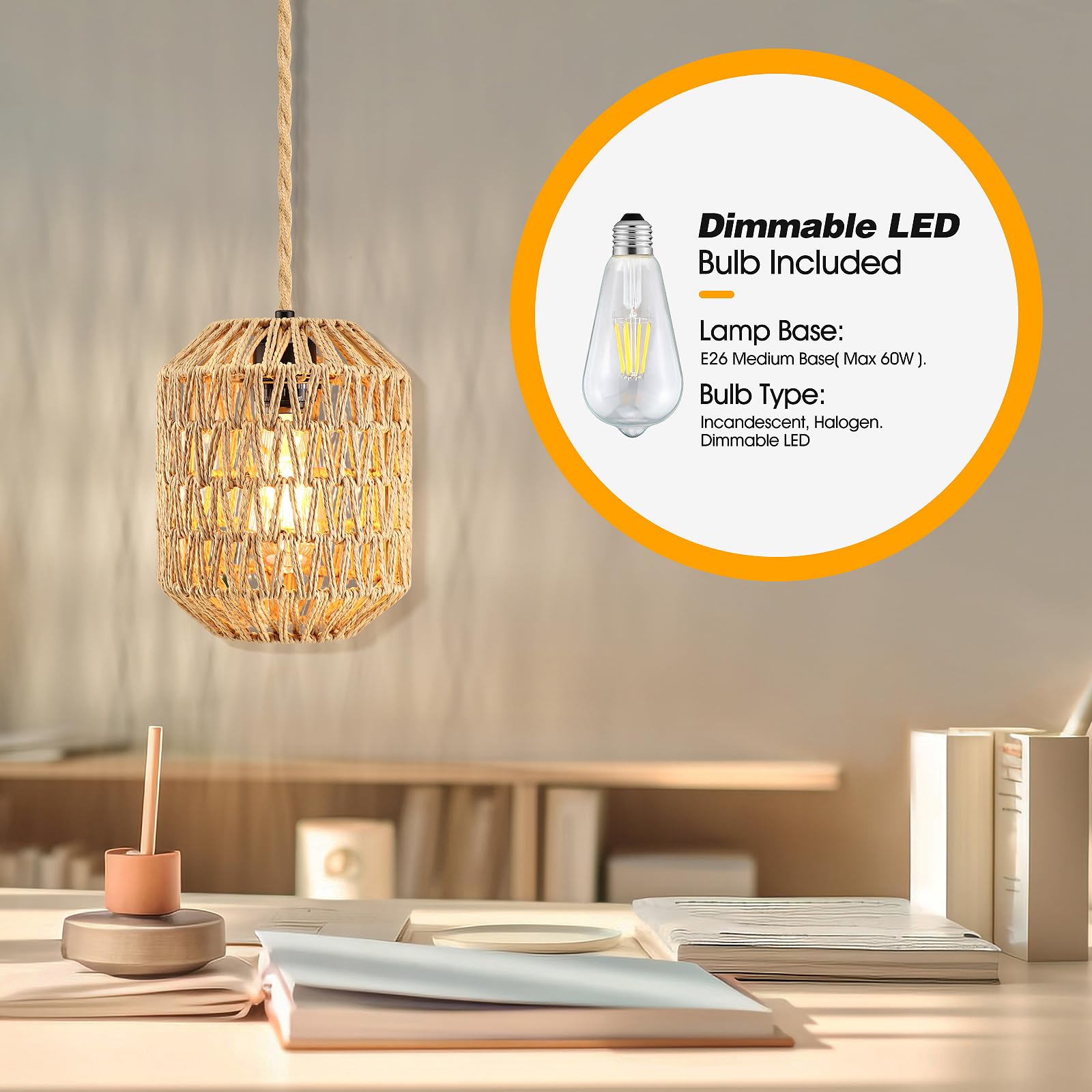 Dimmable Rattan Plug-In Pendant Light with 15FT Hemp Rope Cord - Wicker Woven Basket Lampshade Industrial Ceiling Fixture for Kitchen, Dining Room, Bedroom & Living Room (Brown)