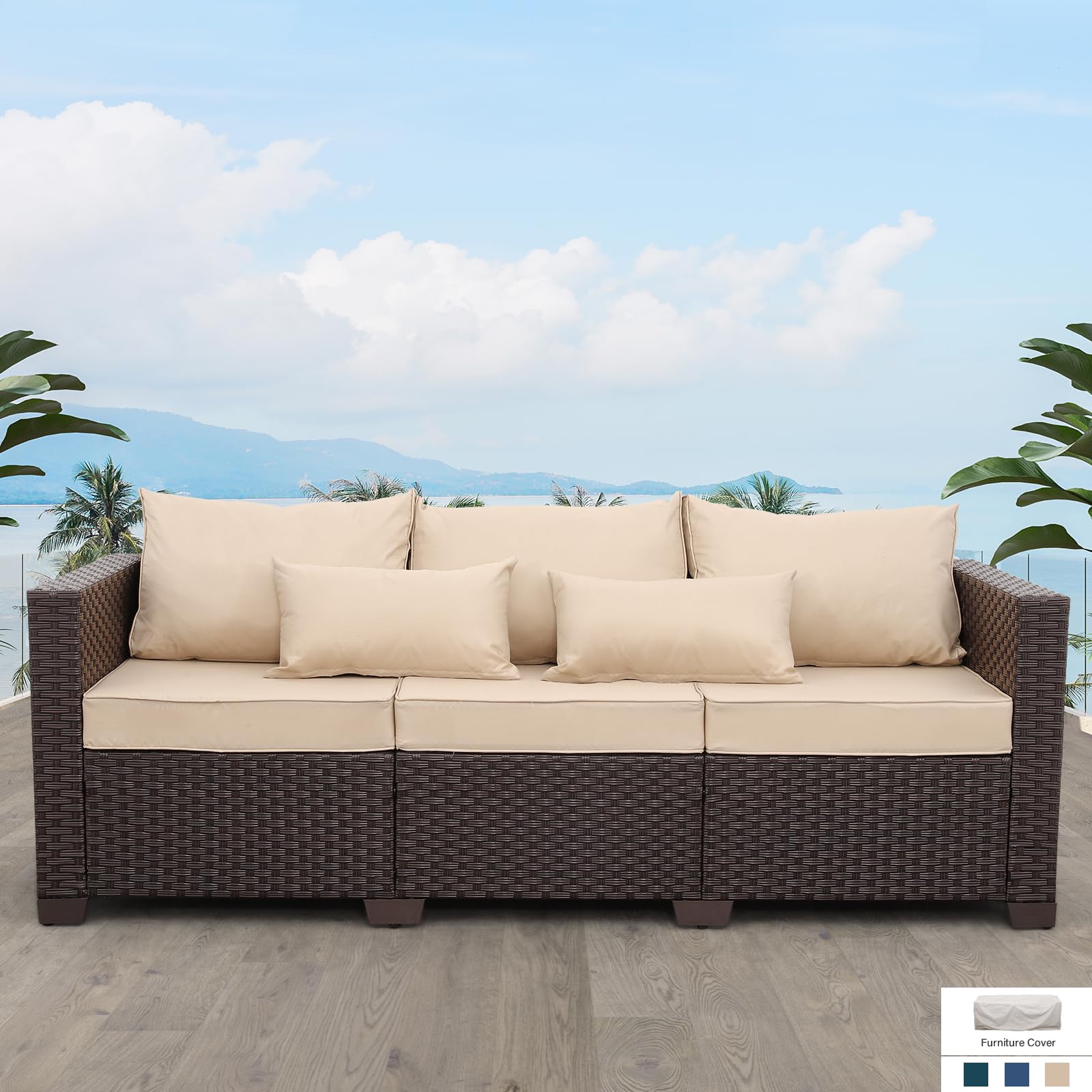 3-Seater Outdoor Patio Sofa - Brown Wicker Deep Seat Couch with High Backrest, Anti-Slip Cushions & Waterproof Cover - Perfect for Garden, Poolside or Backyard Relaxation (Khaki)
