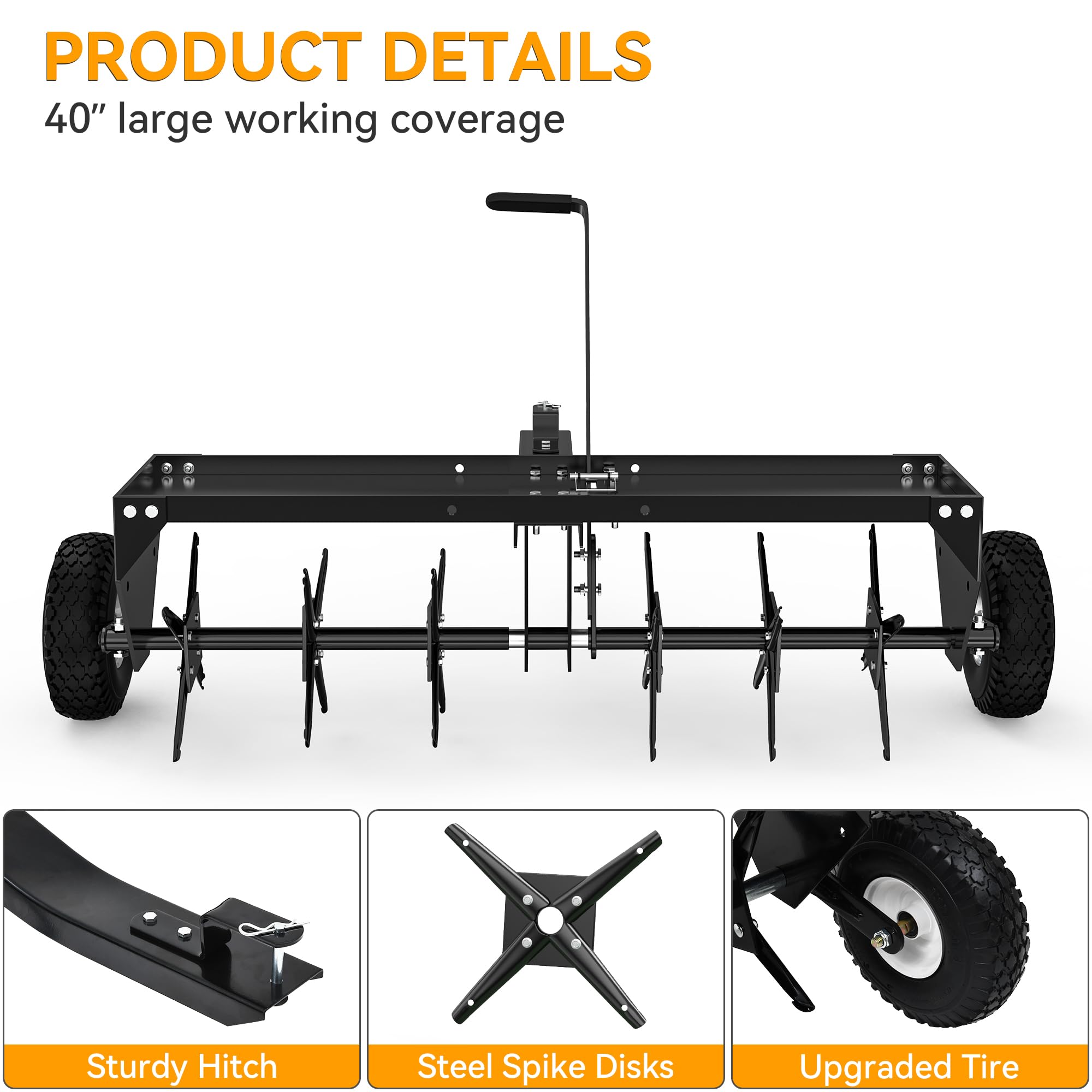 YINTATECH 40 Inch Heavy Duty Lawn Aerator with Universal Hitch - Plug Aerator for Healthy Grass - Perfect for Golf Courses, Sports Fields & Home Lawns