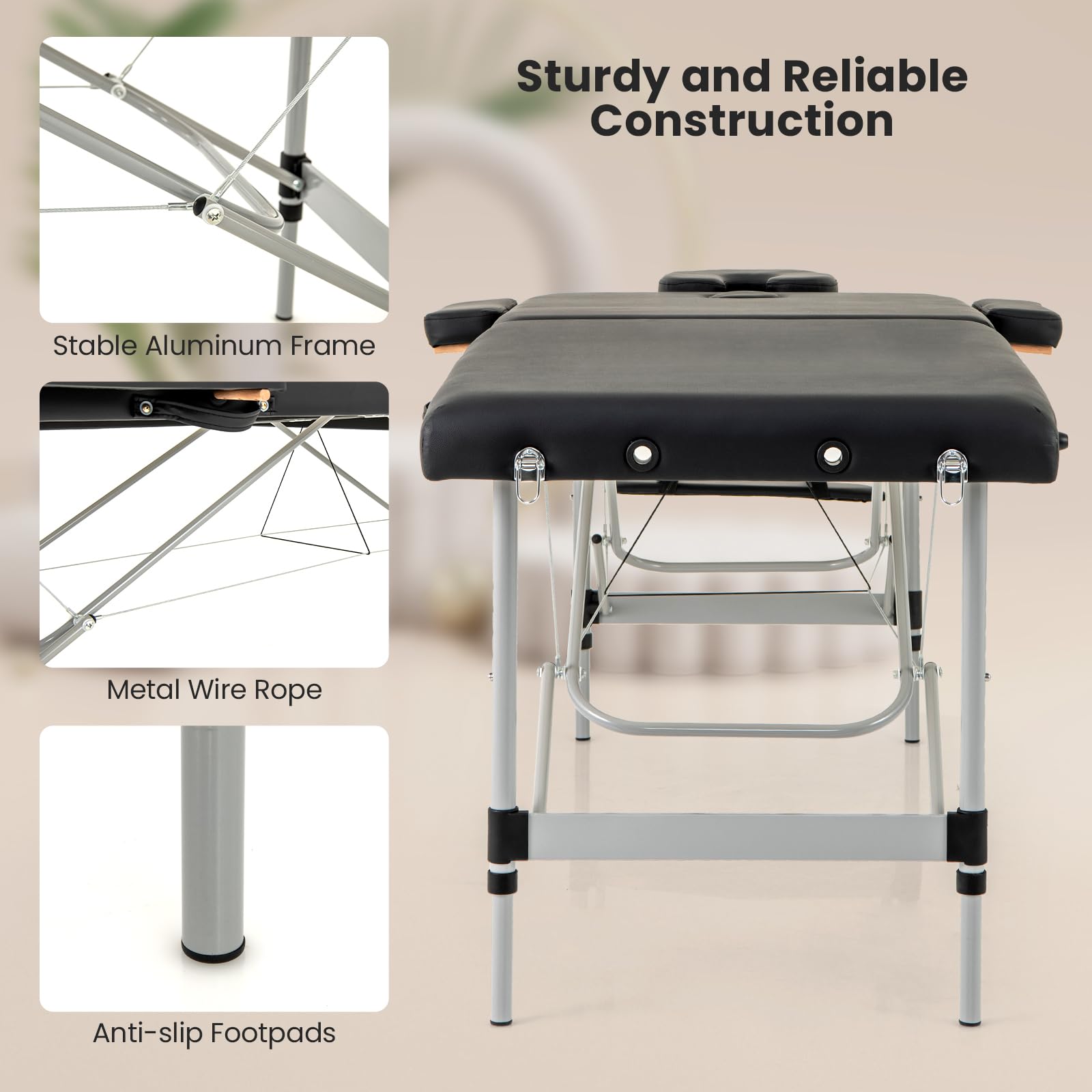 Professional Portable Massage Table - Adjustable Height Folding Massage Bed with Carrying Bag, Sturdy Aluminum Frame for Salon, Spa, Tattoo & Esthetician Use - Perfect for Home & Professional Massage Therapy (Black)