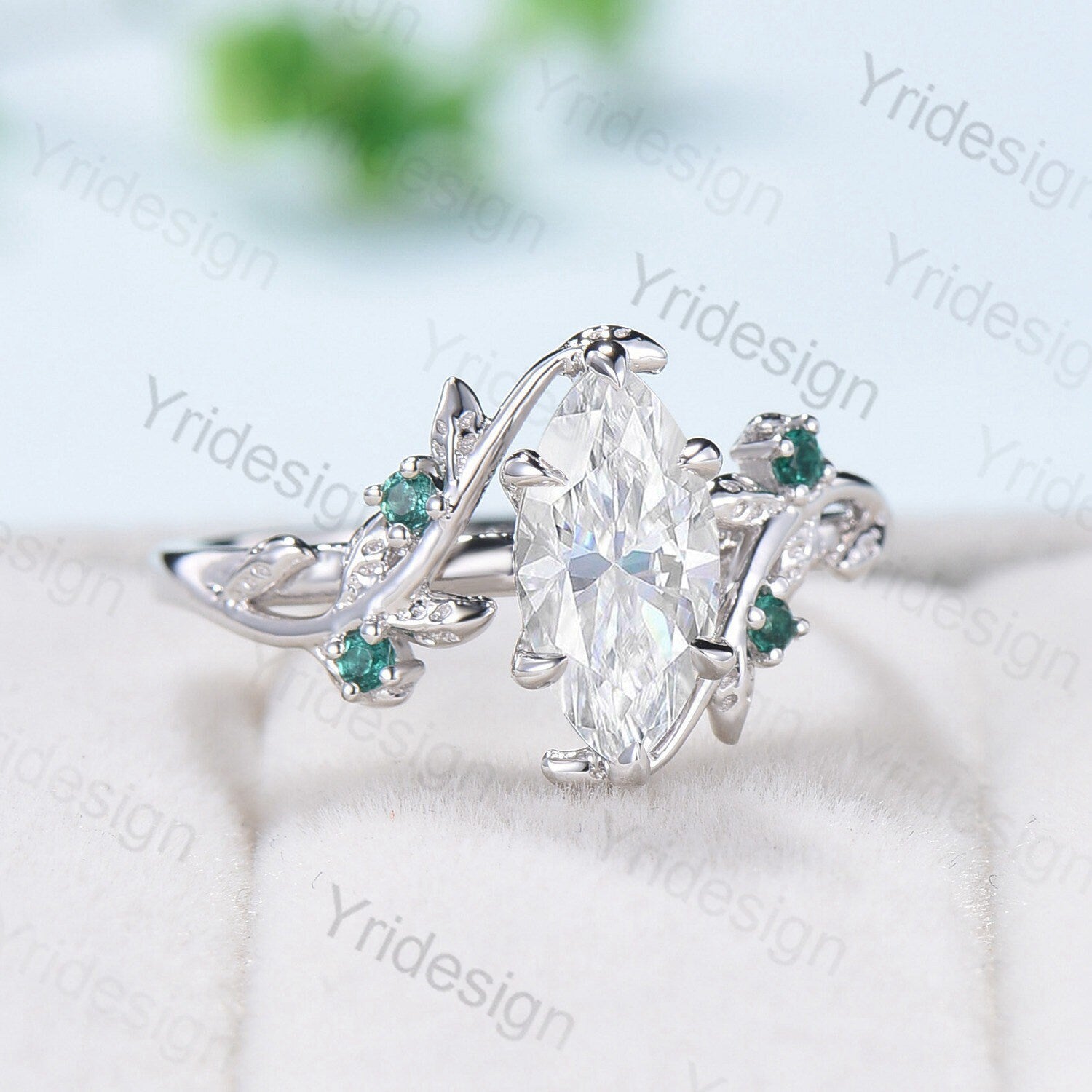 Vintage Moissanite Engagement Ring for Women - Marquise Cut Twig Leaf Cluster Wedding Band, Emerald Inspired Branch Ring | Perfect for Proposals, Anniversaries & Special Occasions