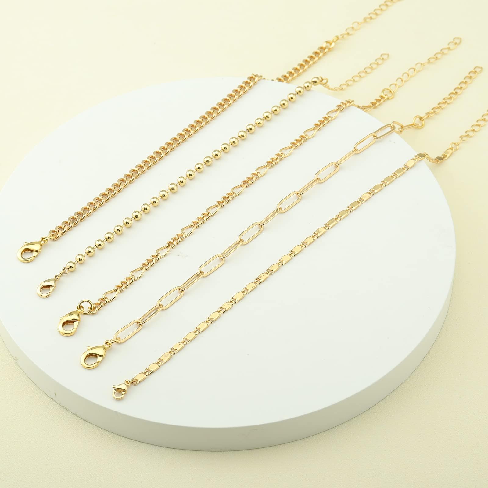 14K Gold Plated Women's Bracelet Set - Trendy Dainty Paperclip & Cuban Link Chain Cuff Bracelets, Adjustable 7