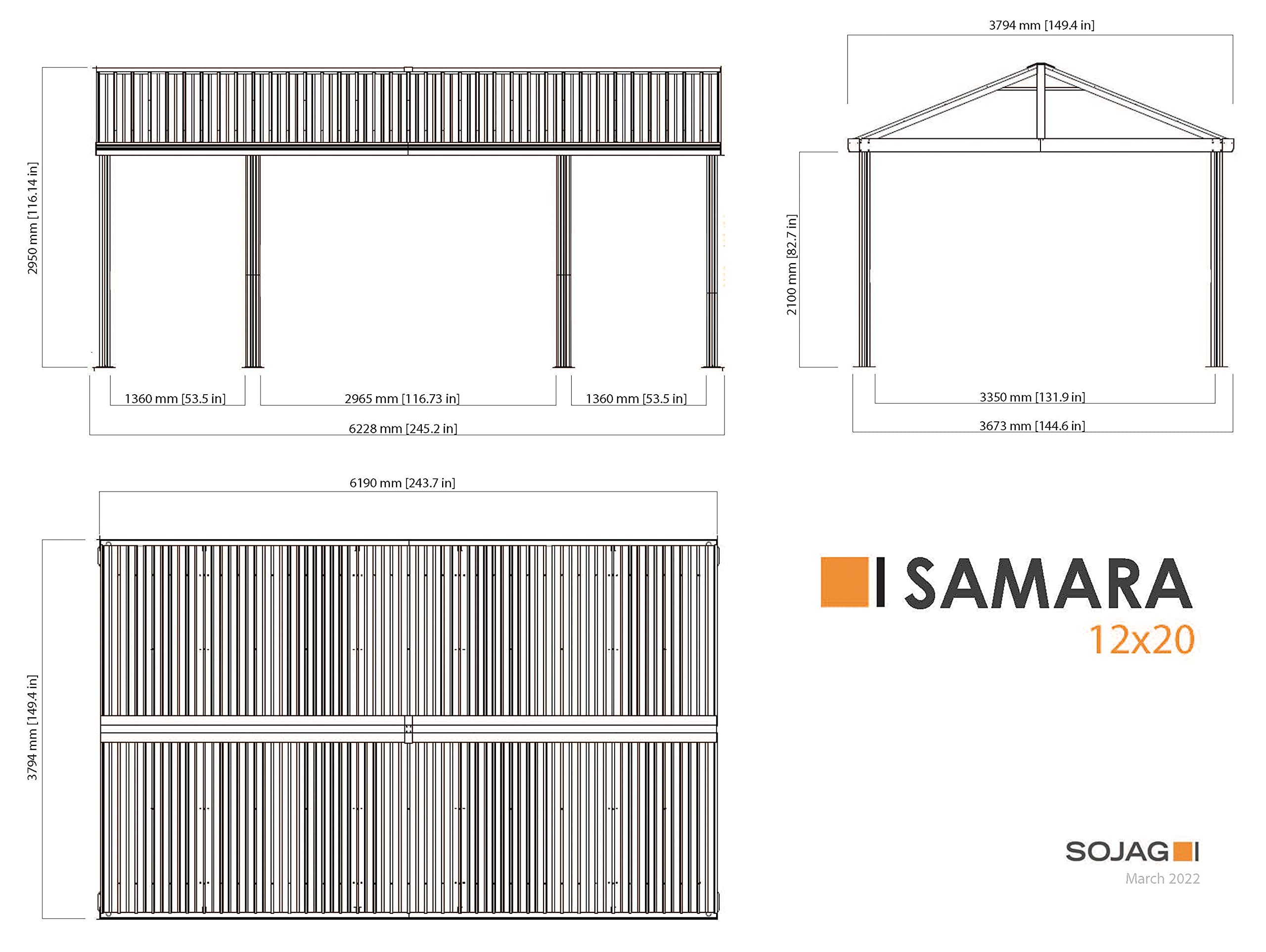 Sojag 12' x 20' Samara Carport Canopy with Grey Fabric Wall Enclosure Kit (135-9165845) - Perfect for Outdoor Vehicle Shelter, RV Cover, and Backyard Storage Protection