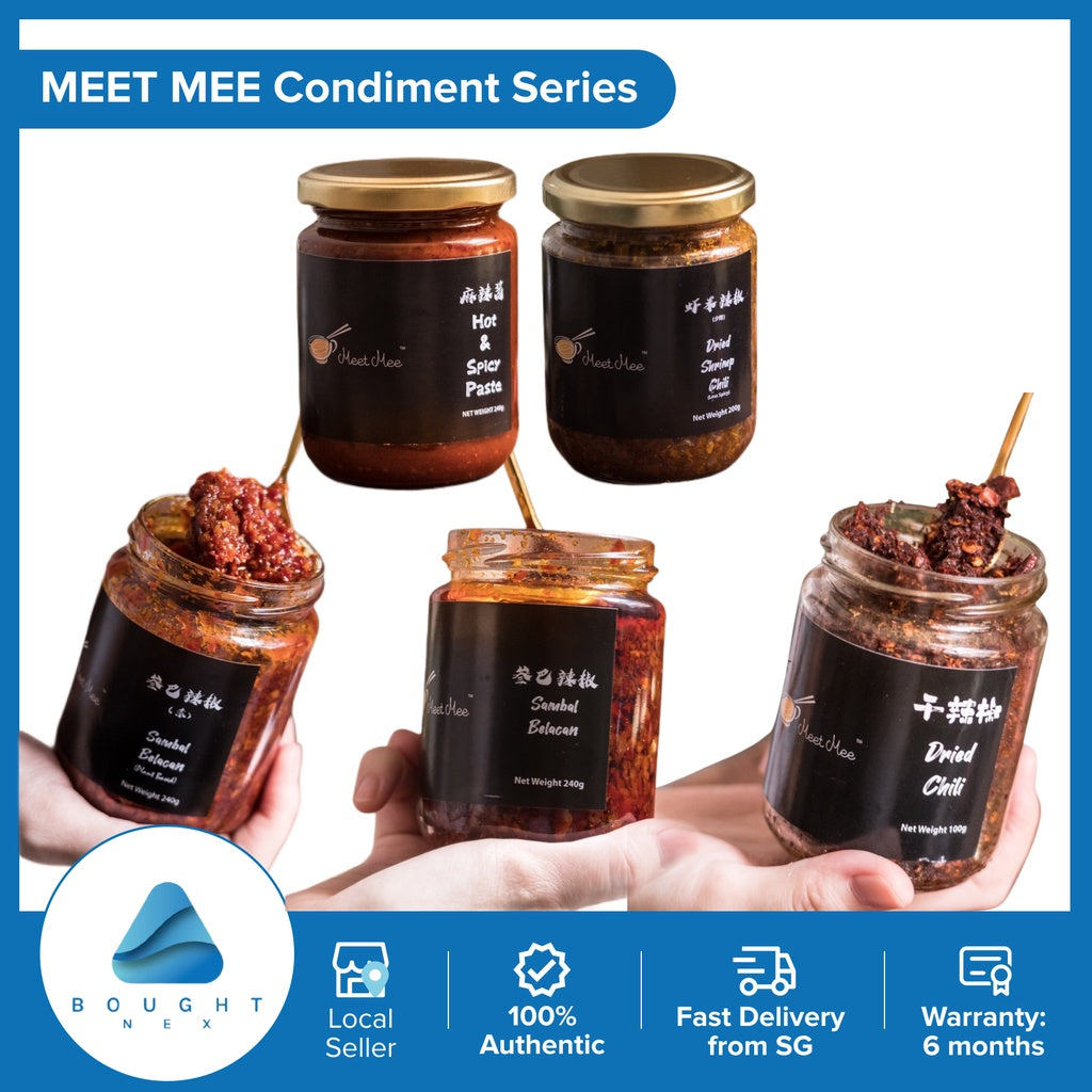 MEET MEE Premium Asian Seasoning Set - Dry Chili, Sambal Dried Shrimp Chili, Sambal Belacan & Vegetarian Sambal MALA Paste - Authentic Spicy Condiments for Cooking, Stir-Fry & Noodle Dishes
