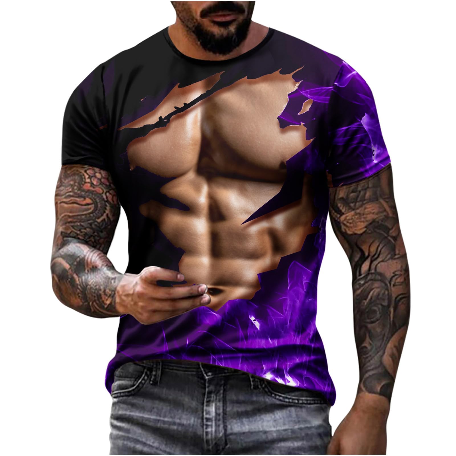 Sdeycui Men's 3D Printed Muscle T-Shirt - Funny Fake Abs Graphic Tee - Short Sleeve Summer Novelty Top for Gym, Workout & Casual Wear