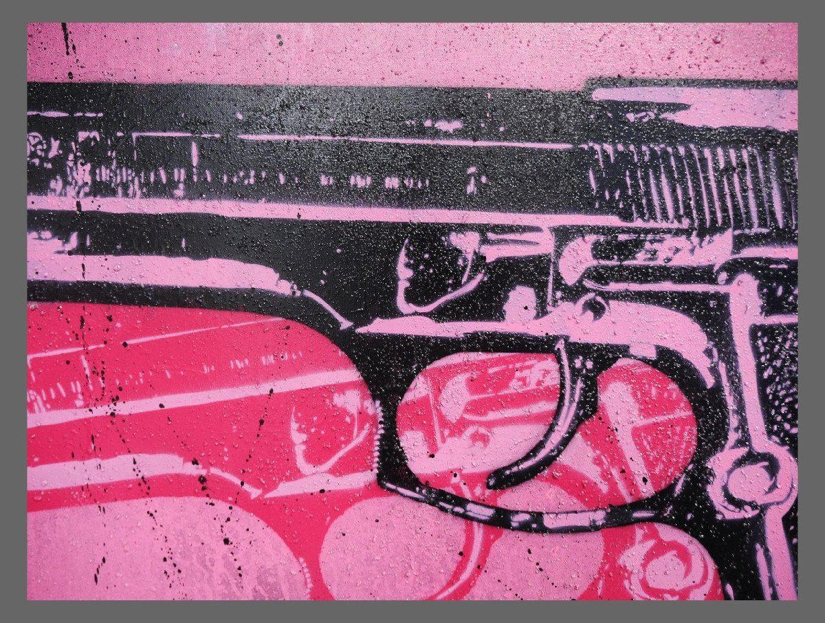 Bang Bang Warhol Two 140cm x 100cm Guns Pink Pop Art Canvas Print - Andy Warhol Inspired Wall Decor for Living Room, Bedroom & Office