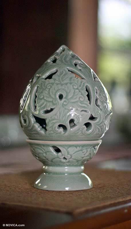 NOVICA Handmade Floral Ceramic Candle Holder - Green Magic Design for Home Decor, Wedding Centerpiece & Romantic Dinner Ambiance