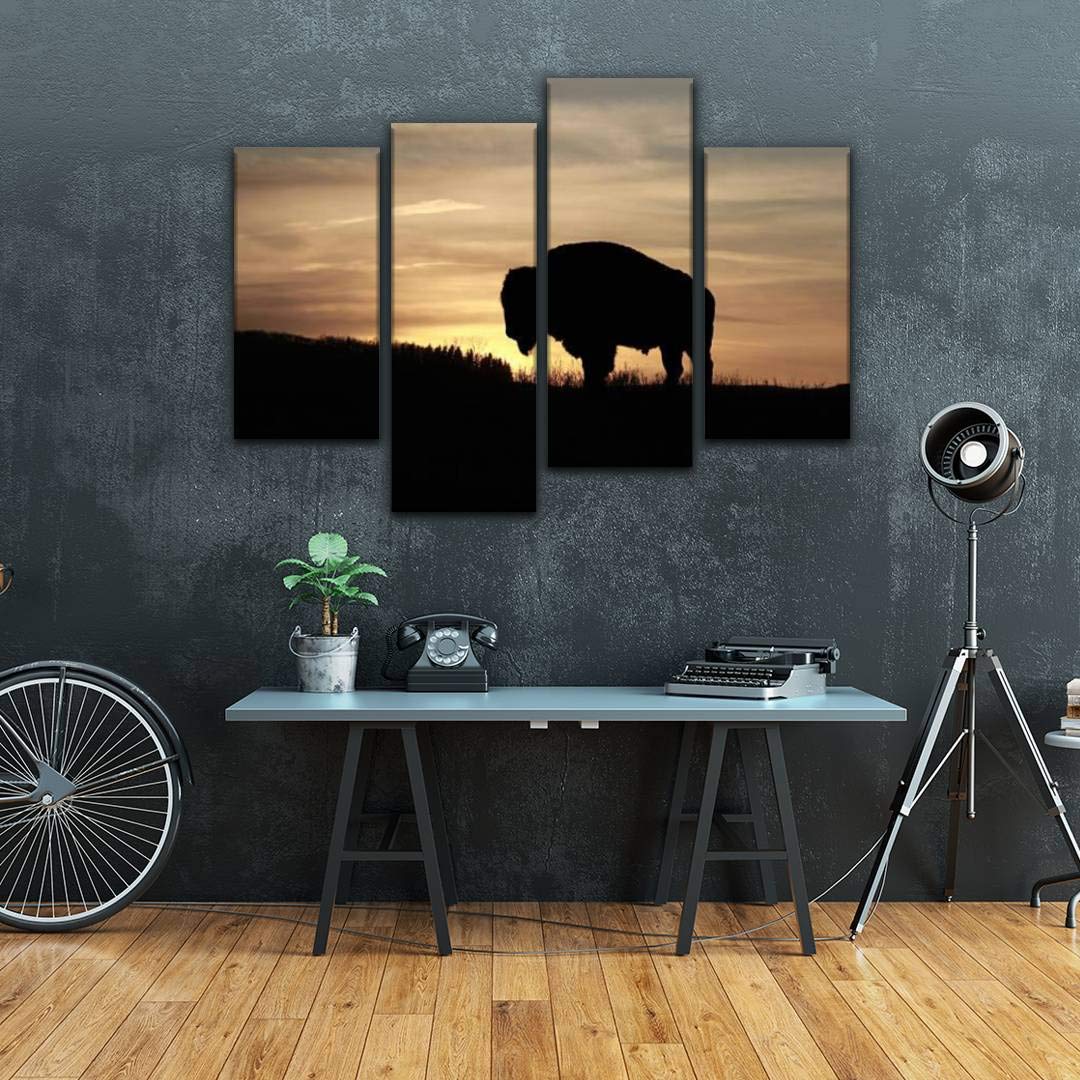 4 Panels Bison at Dusk Canvas Wall Art - Modern Framed Cattle Silhouette Paintings - Ready to Hang Home Decor for Living Room, Bedroom & Office