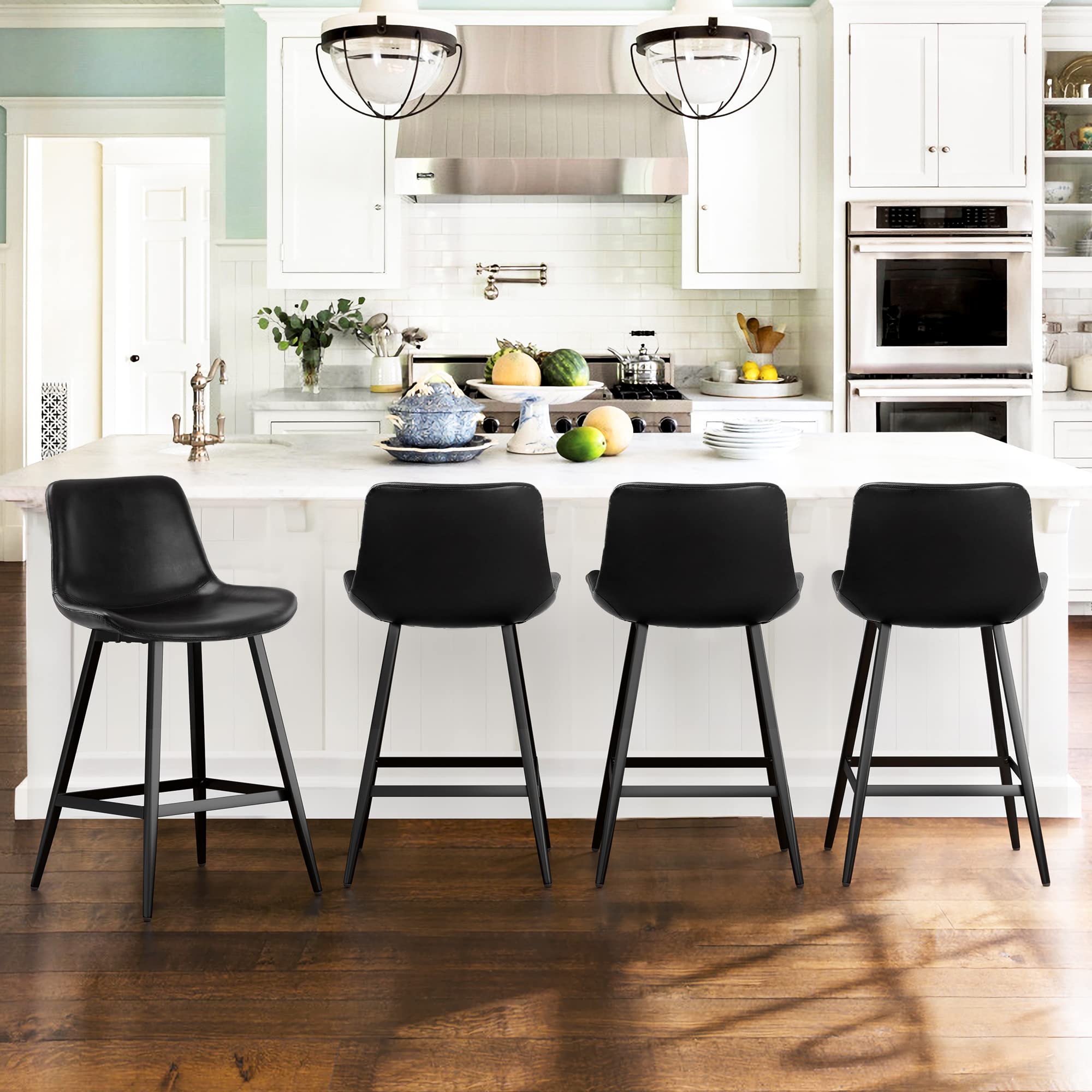 24 Inch Modern Black Bucket Bar Stools with Back & Footrest - Set of 4 Counter Height Stools for Kitchen Island, Dining Bar & Restaurant Use - Comfortable Seating for Home & Commercial Spaces