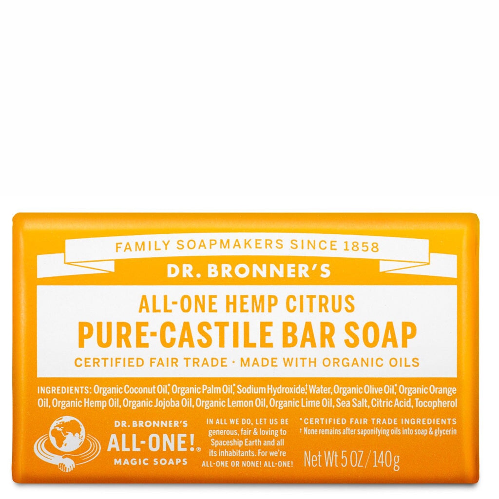 Dr. Bronners Pure Castile Bar Soap - Organic Citrus Scent, Vegan & Biodegradable for Face, Body & Hair - Perfect for Travel, Camping & Eco-Friendly Home Use