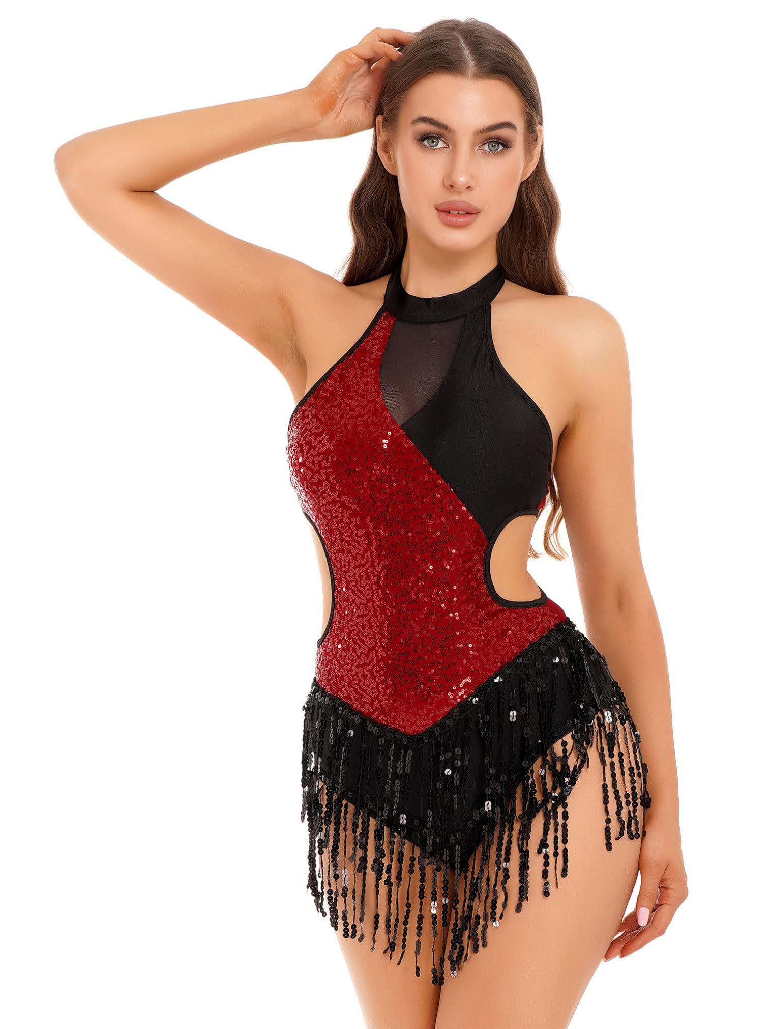 FEESHOW Women's Sequin Fringe Leotard - Shiny Tassel Latin Dance Costume, Jazz Dance Top Bodysuit for Performance, Competition & Stage Shows