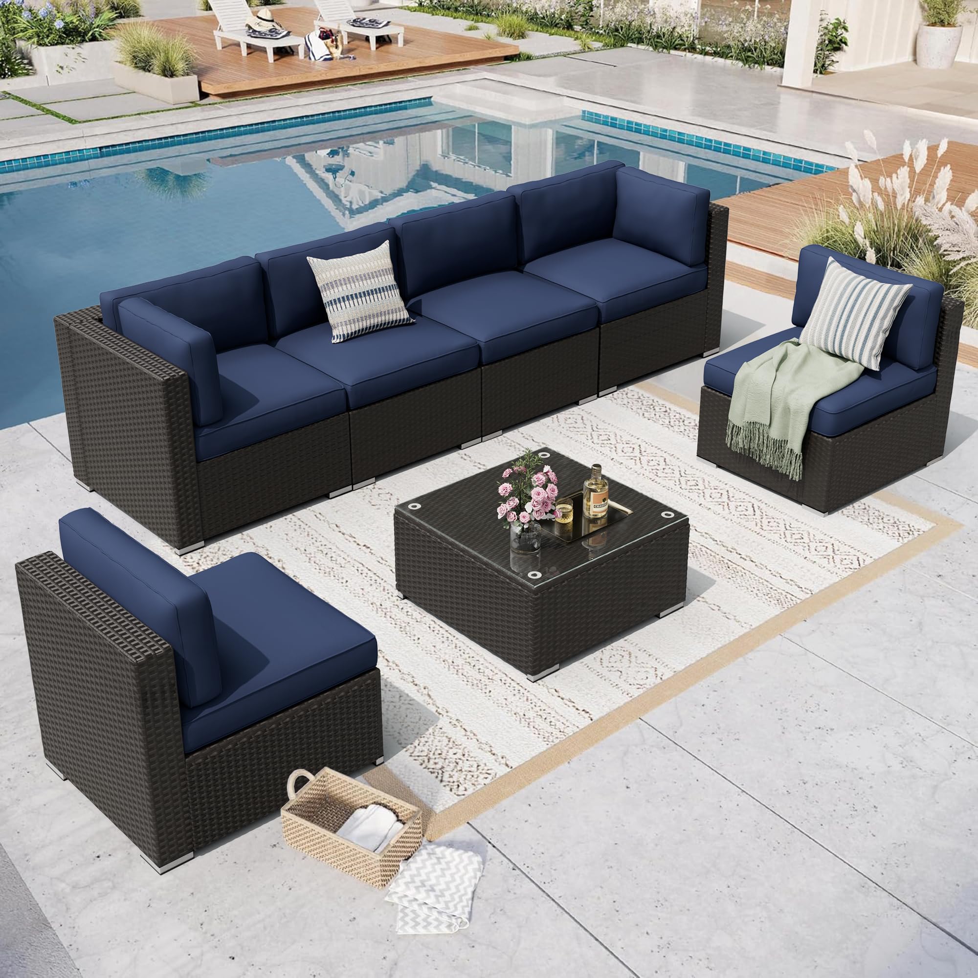 7-Piece All-Weather Outdoor Patio Furniture Set - Dark Blue Rattan Sectional Sofa with Glass Top Table & Removable Cushions - Manual Weaving Wicker Conversation Set for Backyard, Garden, Poolside or Terrace Relaxation
