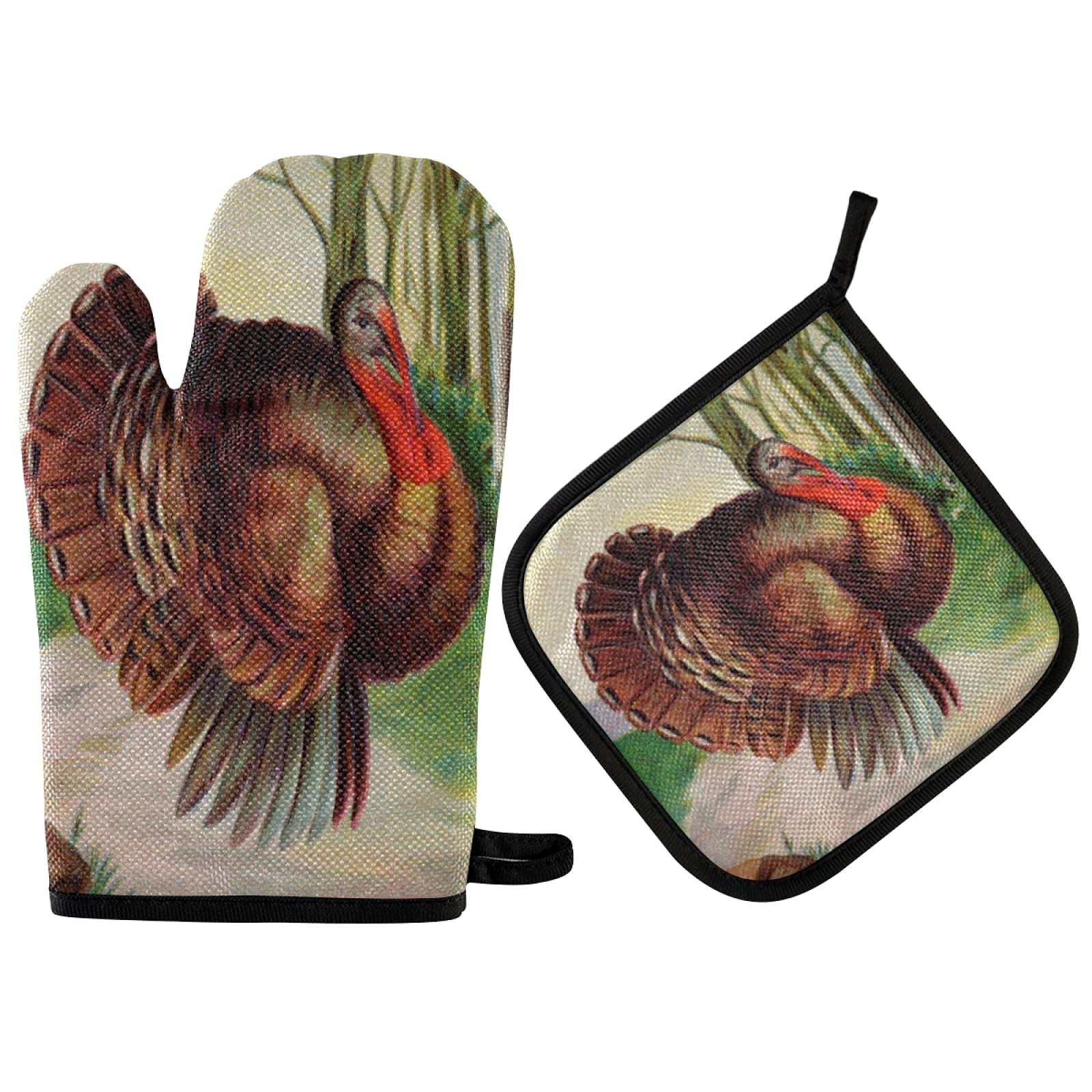 QUGRL Heat Resistant Thanksgiving Turkey Oven Mitts & Pot Holders Set - Vintage Style Kitchen Gloves for Cooking, Baking, BBQ & Handling Hot Cookware - Perfect for Holiday Meals, Roasting Turkey & Outdoor Grilling