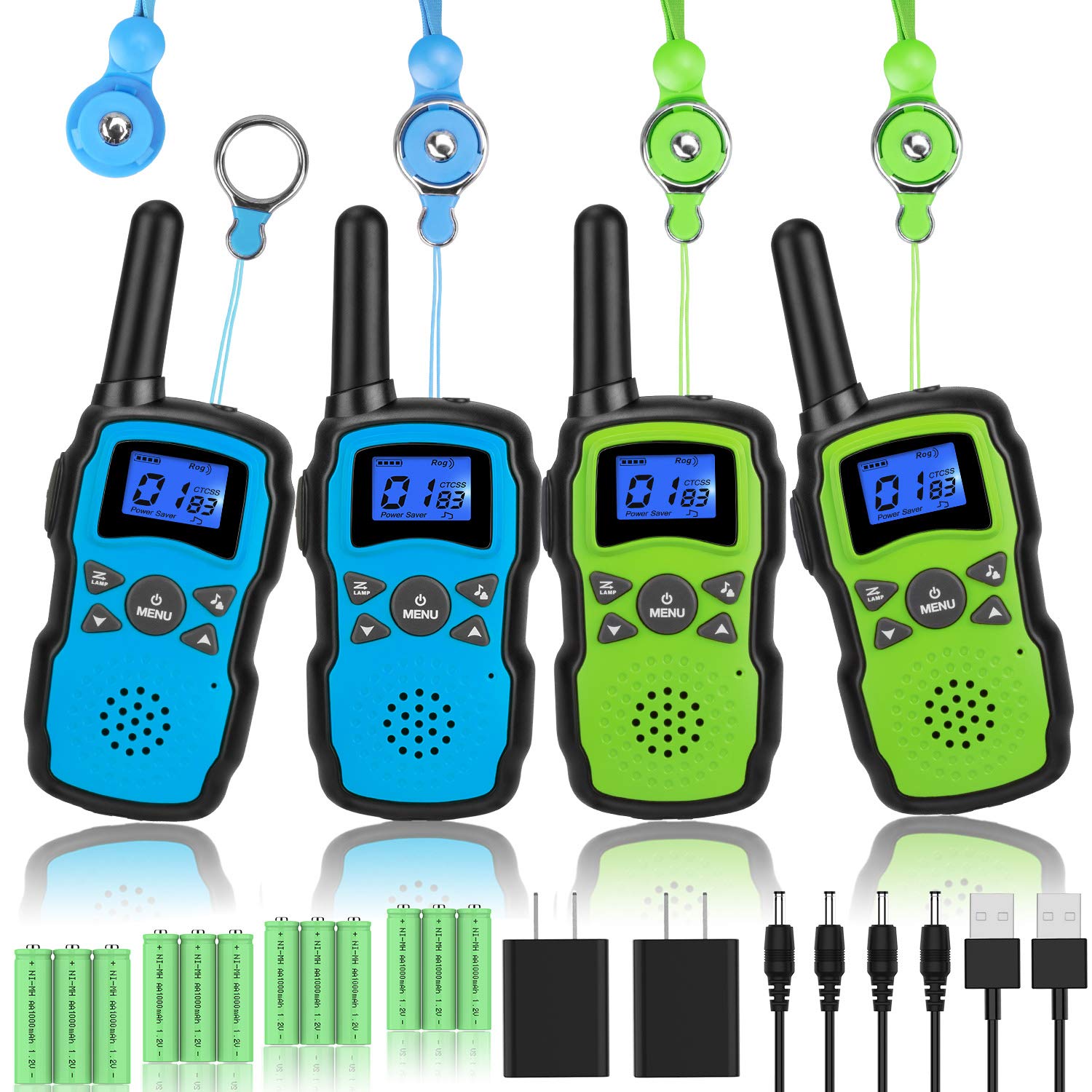 Wishouse Rechargeable Kids Walkie Talkies 4 Pack with 2 USB Chargers - Long Range Two Way Radios for Adults & Family - Outdoor Camping, Hiking, Indoor Games - Perfect Birthday & Christmas Gift for Boys Girls Children
