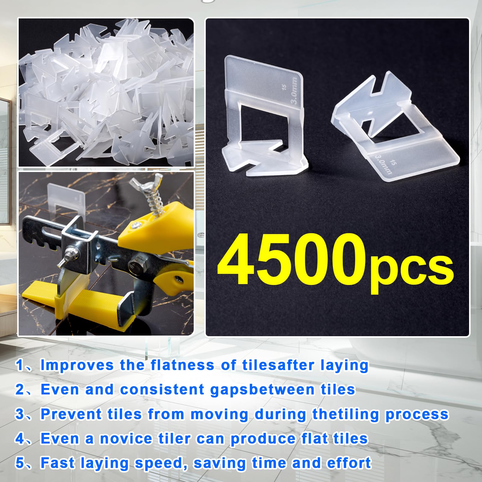 Professional Tile Leveling System Kit - 1/8 inch Tile Spacers & 16 oz Rubber Mallet (4500 Pieces) for Ceramic, Stone, and Porcelain Tile Installation - Perfect for Bathroom, Kitchen, and Flooring Projects