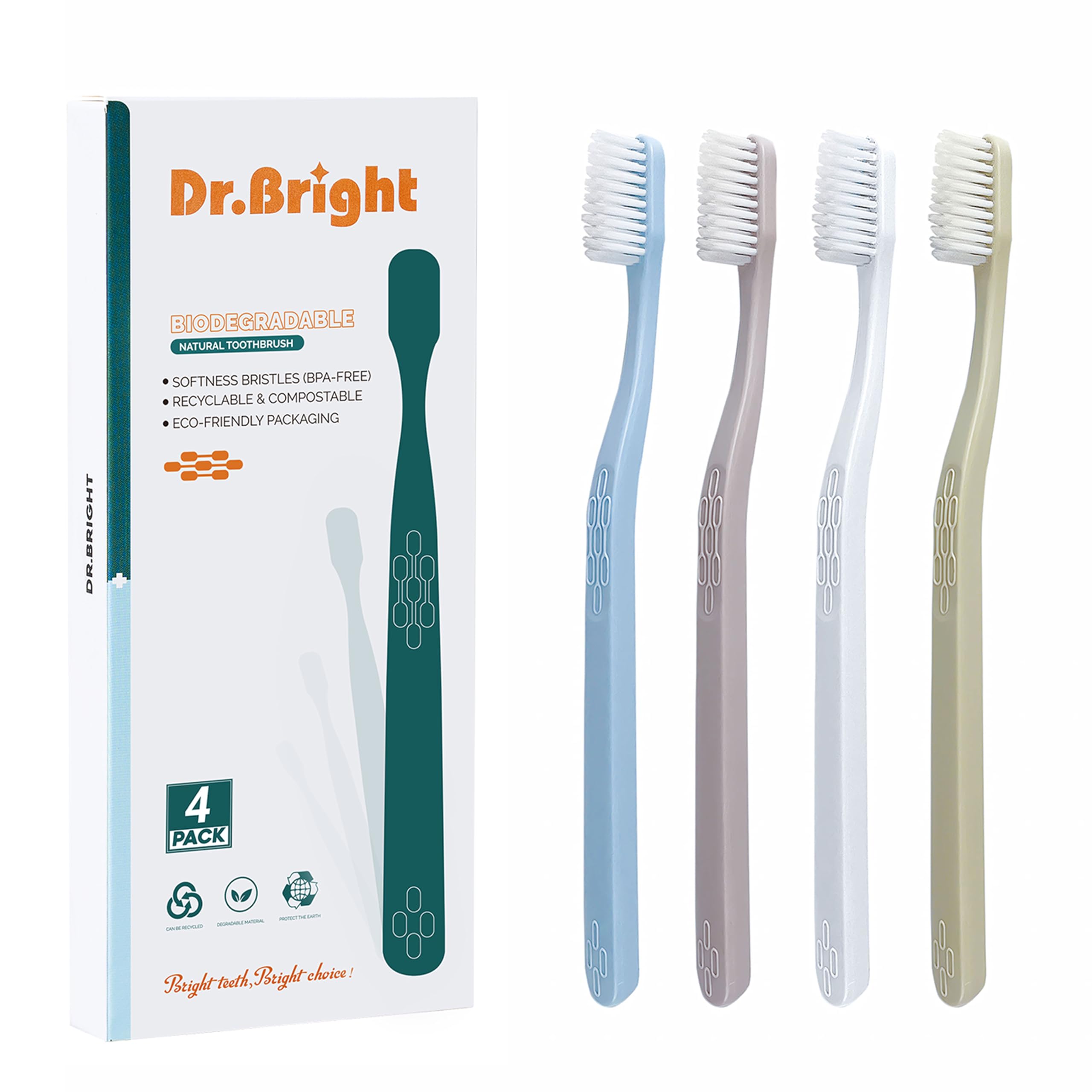 Eco-Friendly Biodegradable Toothbrushes for Adults - 4 Pack Soft Bristles, Natural & Compostable, Recyclable Green Dental Care with Individual Packaging - Perfect for Travel, Home & Sustainable Lifestyle