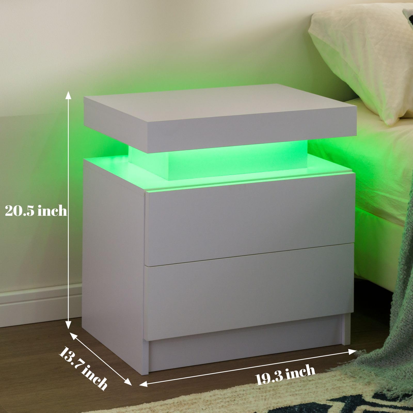 Modern White LED Nightstand Set of 2 - Bedside Table with 2 Drawers & USB Charging Ports - Perfect for Bedroom, Living Room & Small Spaces