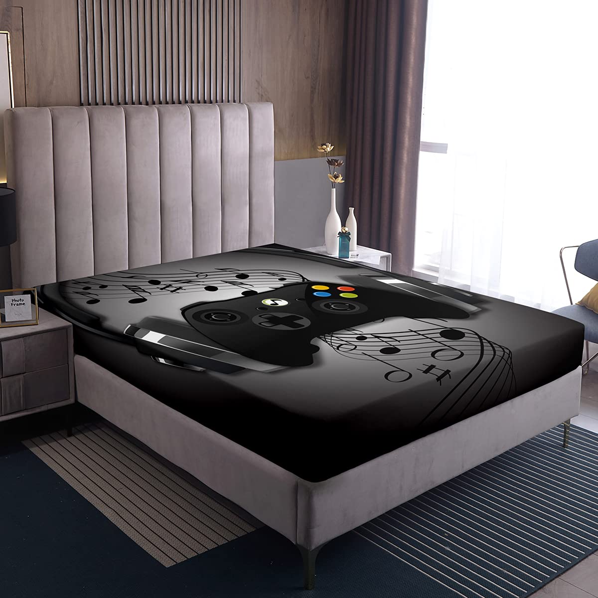 Black & Grey Gaming Bed Sheet Set with Headphones & Musical Notes Design - 4 Piece Full Size Fitted & Flat Sheets for Boys' Video Game Room Decor | Perfect for Gaming Enthusiasts & Retro Gamepad Themed Bedrooms