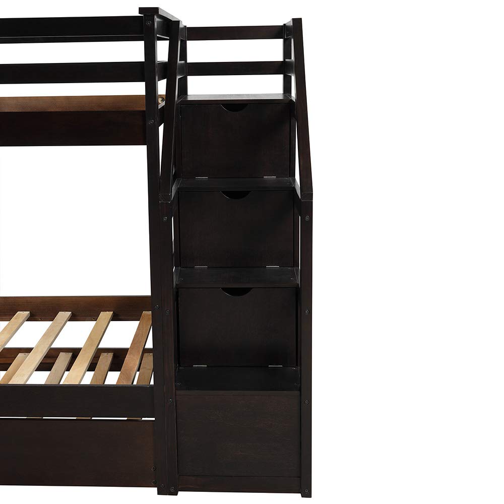 Premium Twin Over Twin Bunk Bed Frame with Trundle & Storage Stairs - Solid Wood Construction, Slat Support & Safety Guard Rail - No Box Spring Needed - Easy Assembly - Espresso Finish - Perfect for Kids' Bedrooms, Guest Rooms & Space-Saving Solutions