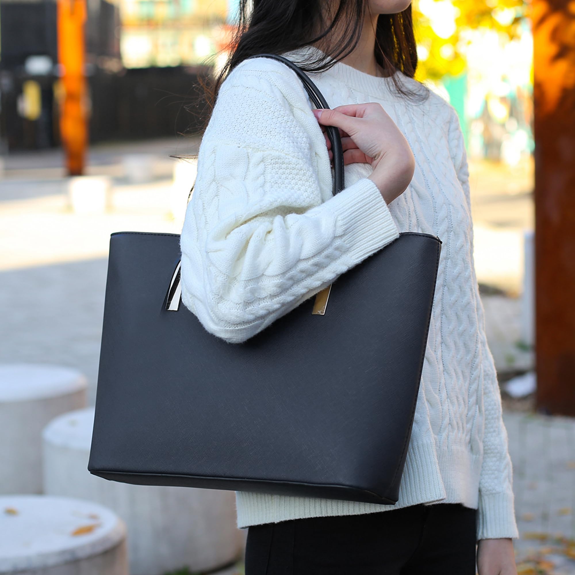 Stylish Black Travel Tote Bag for Women with Bow Detail & Zip Closure - Large Shoulder Handbag for Work, Laptop, Business & Weekend Getaways | Perfect for Office Commute, Business Trips & Travel Accessories