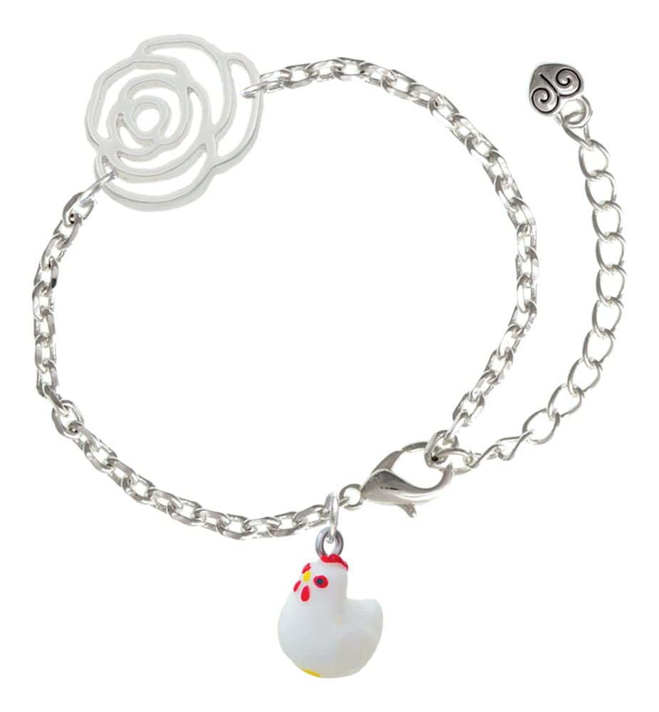 Delight Jewelry Resin White Chicken Charm Silver-Tone Flower Link Chain Bracelet - 6.75