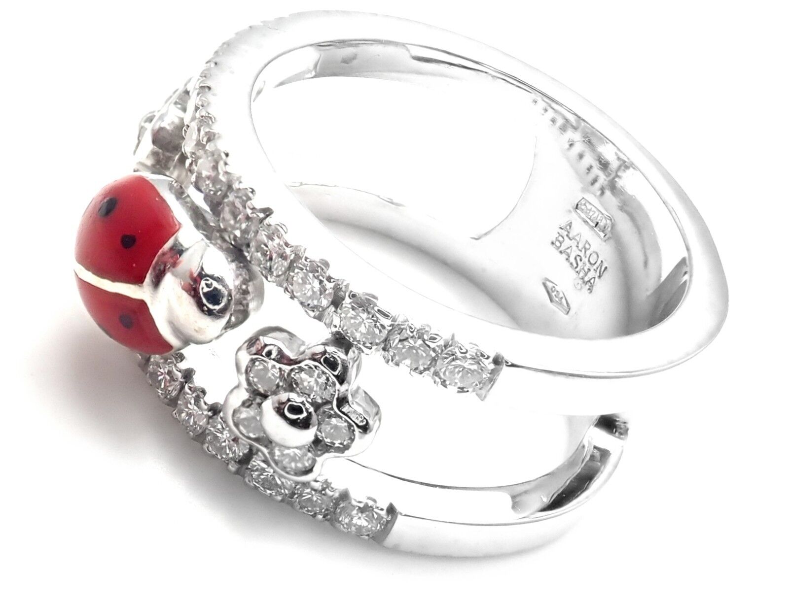 Authentic Aaron Basha 18k White Gold Diamond Red Enamel Ladybug Band Ring - Perfect for Valentine's Day Gifts, Anniversary Presents & Everyday Luxury Jewelry