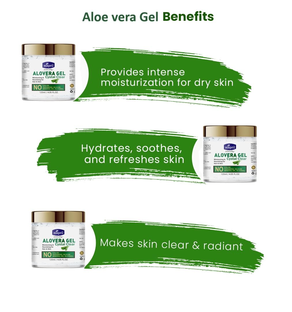 Mapril Pure Aloe Vera Gel for Face & Hair - 120ml | Multipurpose Beauty Care Gel for Skin Glow, Acne Control, Wrinkle Reduction & Scar Lightening | Dark Spot Treatment & Moisturizer for Nourished Skin & Hair | Perfect for Daily Skincare Routine, Sunburn Relief & Hair Hydration
