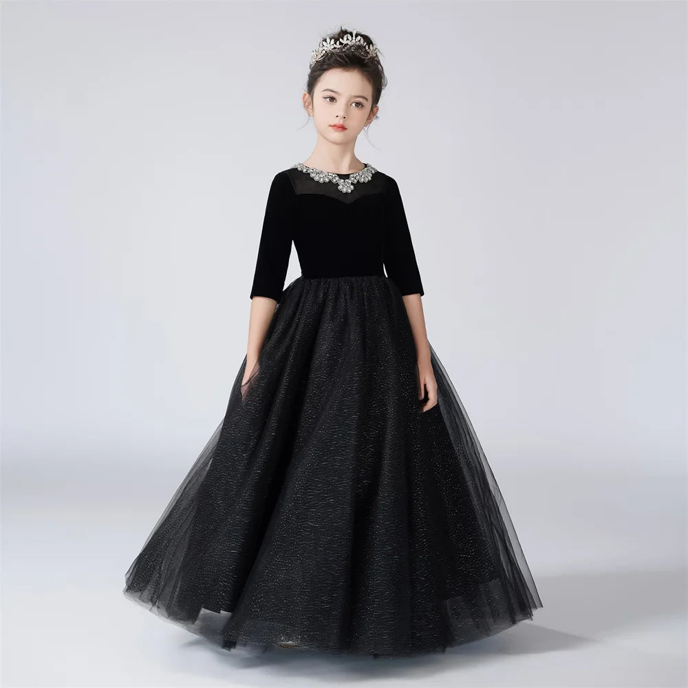 Sparkling Girls Rhinestone Tulle Flower Dress with Half Sleeves - Elegant Princess Birthday Party Gown for Special Occasions & Photo Shoots