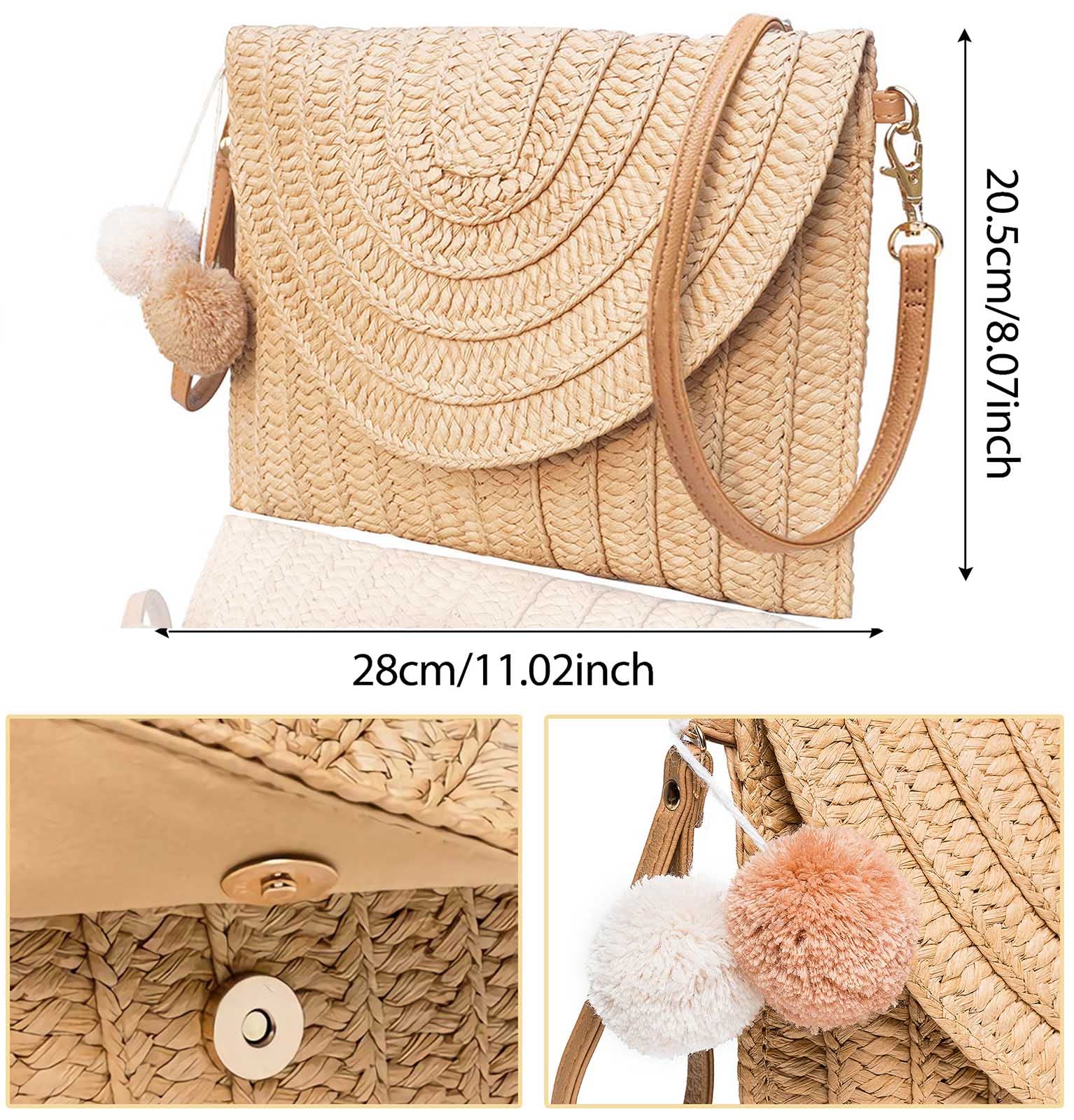 Straw Shoulder Bag for Women - Woven Beach Purse & Envelope Clutch Wallet - Perfect for Summer Outings, Beach Vacations and Daily Use