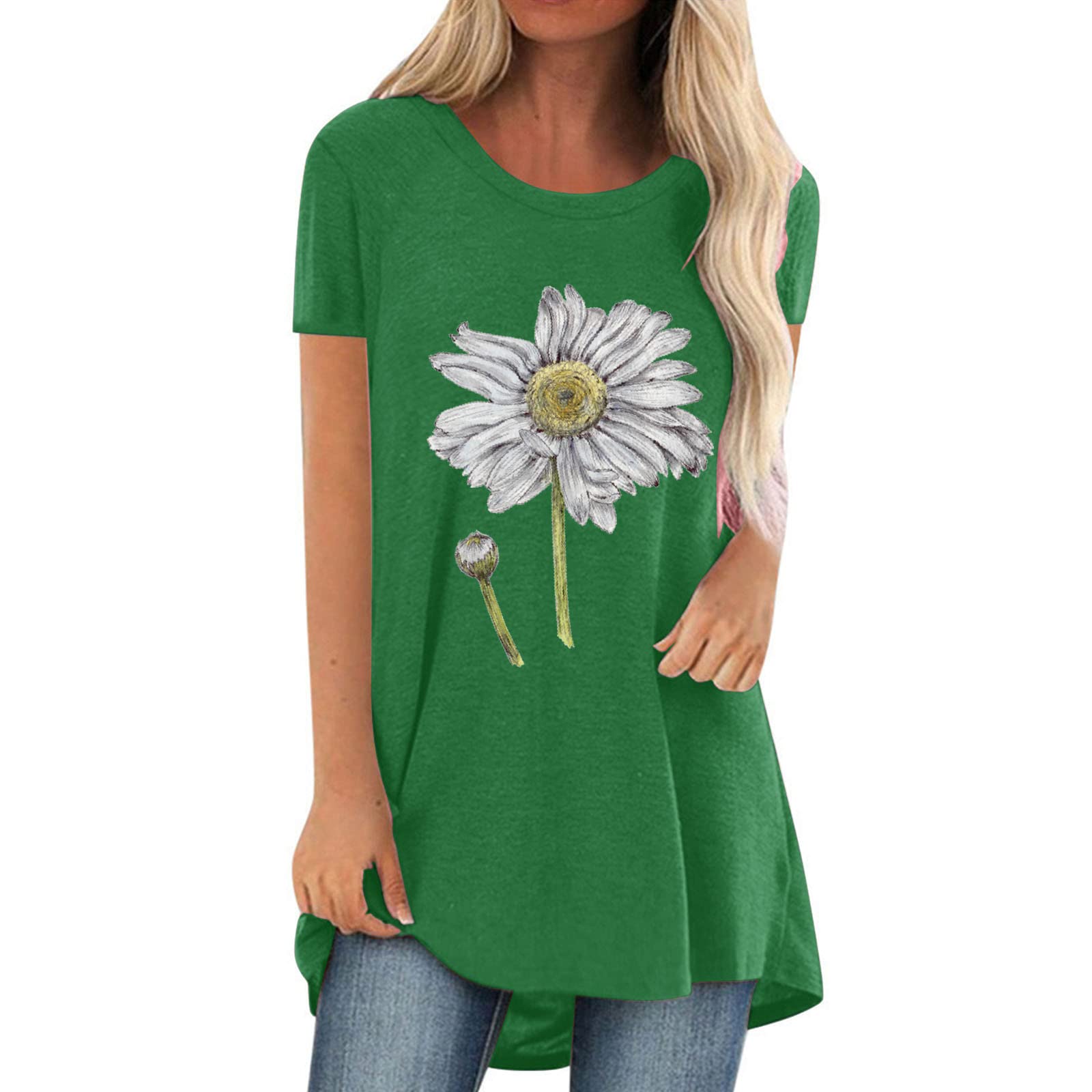 Women's Summer Floral Print Tunic Tops - Long Loose Fit Short Sleeve Crewneck T-Shirts for Casual Wear & Beach Outings | Perfect for Vacation, Outdoor Activities & Everyday Comfort